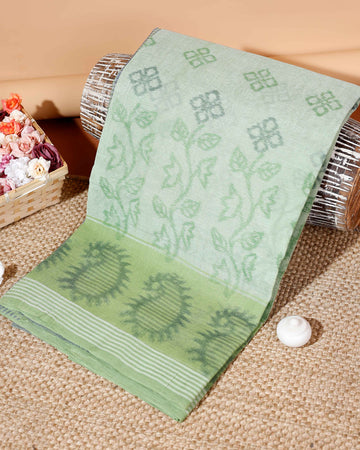 Handloom Bengal Cotton Saree with Woven Buta and Jamdani Border  - Green