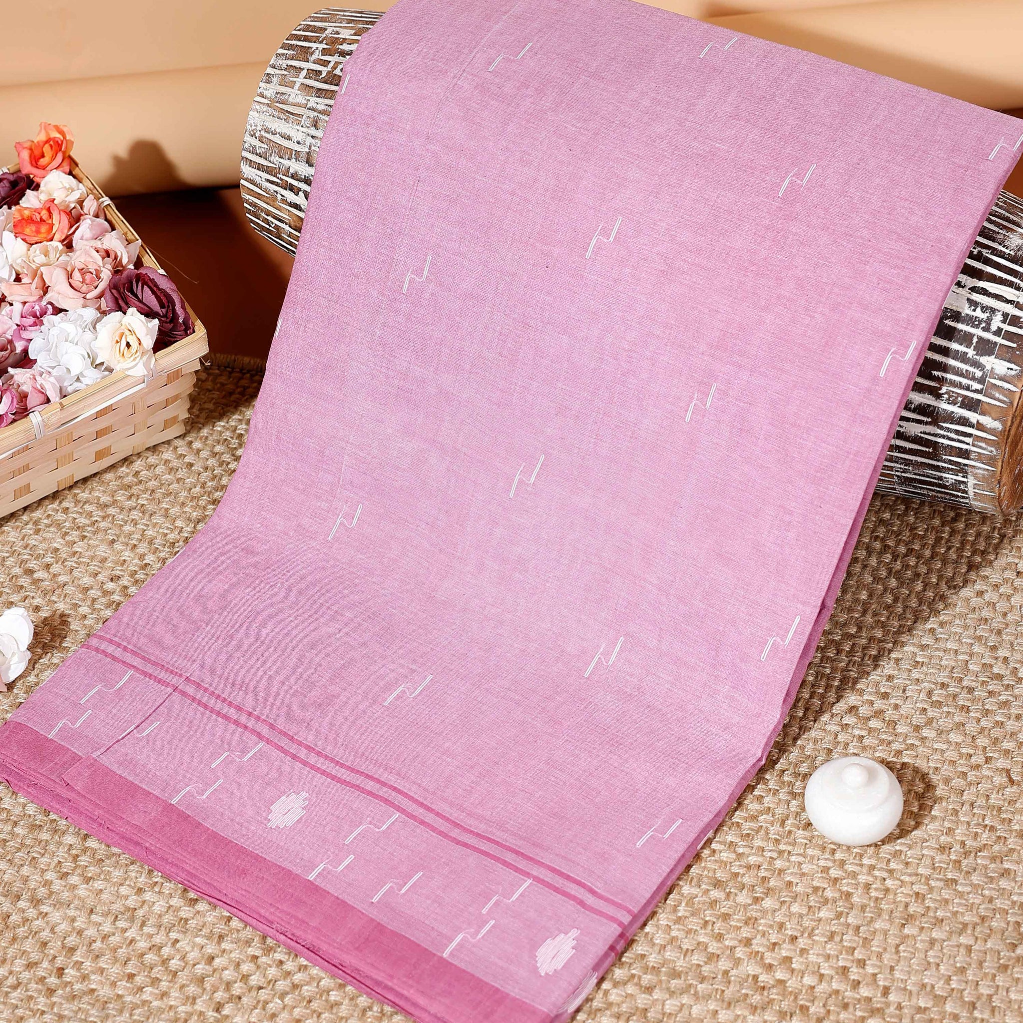 Handloom Bengal Cotton Saree with Woven Border & Subtle Texture - Pink