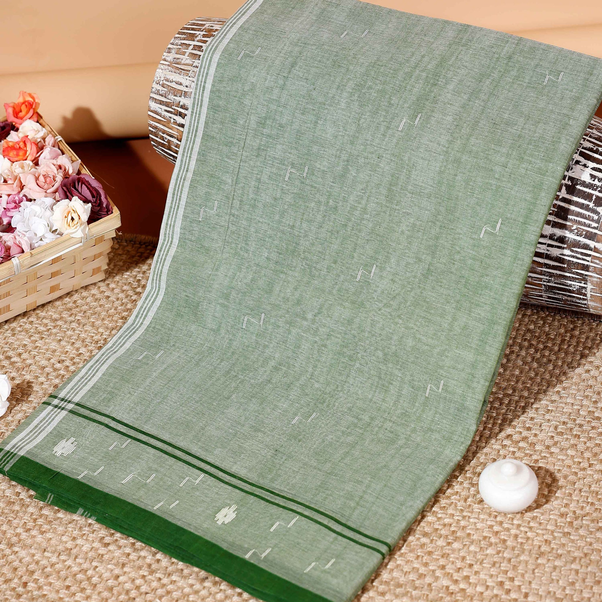 Handloom Bengal Cotton Saree with Woven Border & Subtle Texture - Green