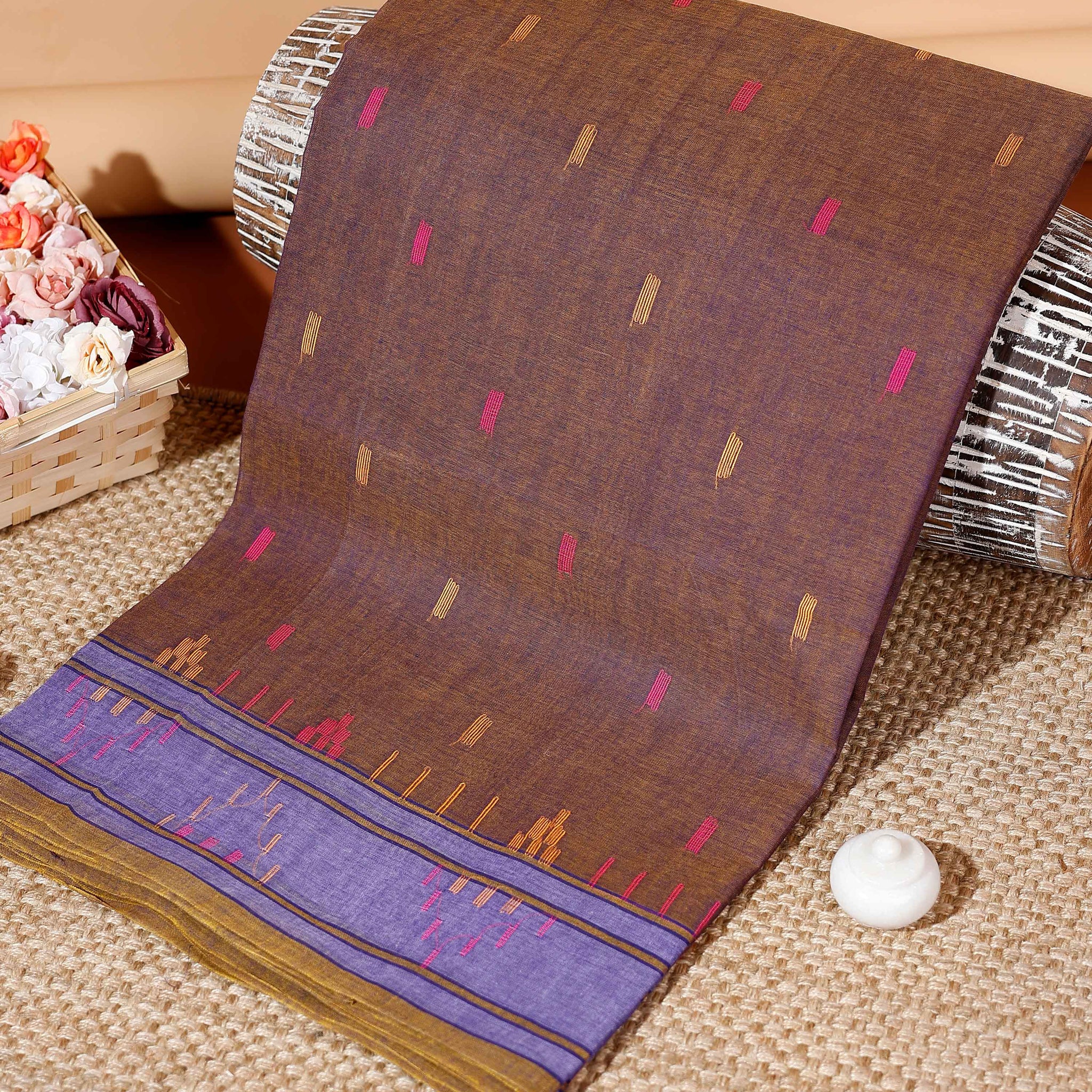 Handwoven Bengal Cotton Saree with Intricate Extra Weft Buttis and Contrasting Border - Brown