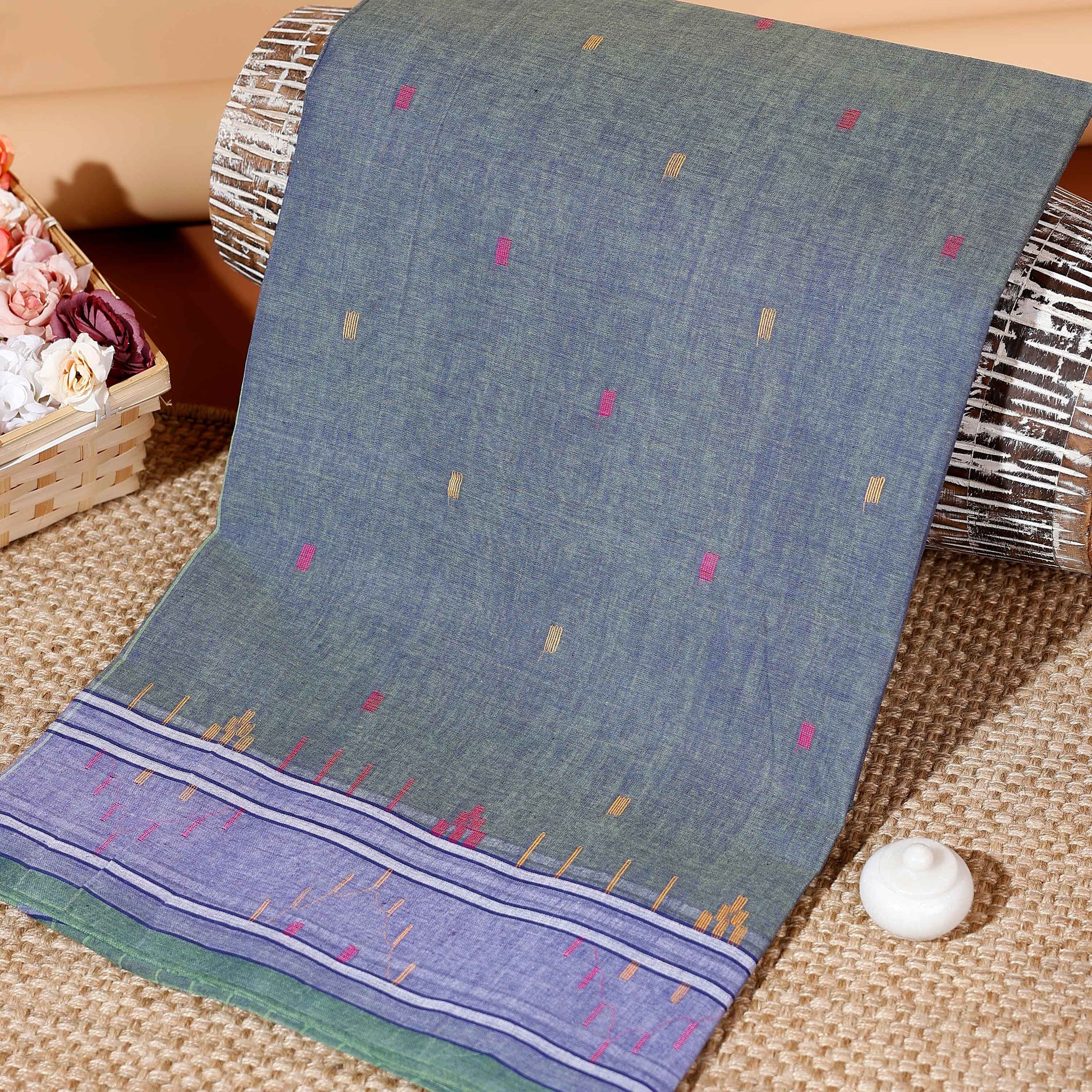 Handwoven Bengal Cotton Saree with Intricate Extra Weft Buttis and Contrasting Border - Grey