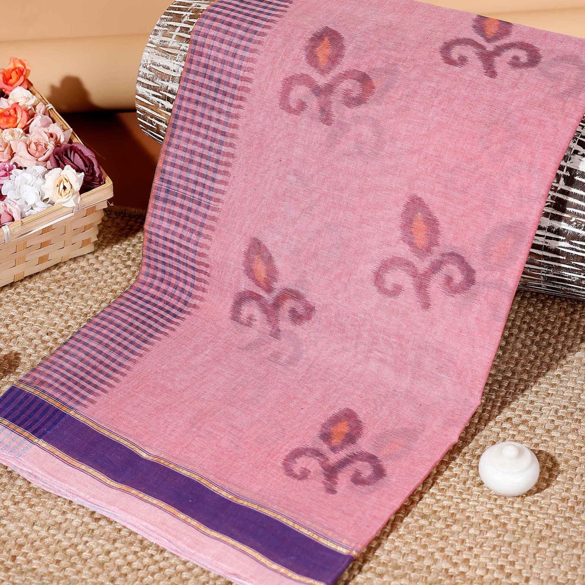 Handloom Bengal Cotton Saree with Traditional Motif & Checked Border - Peach