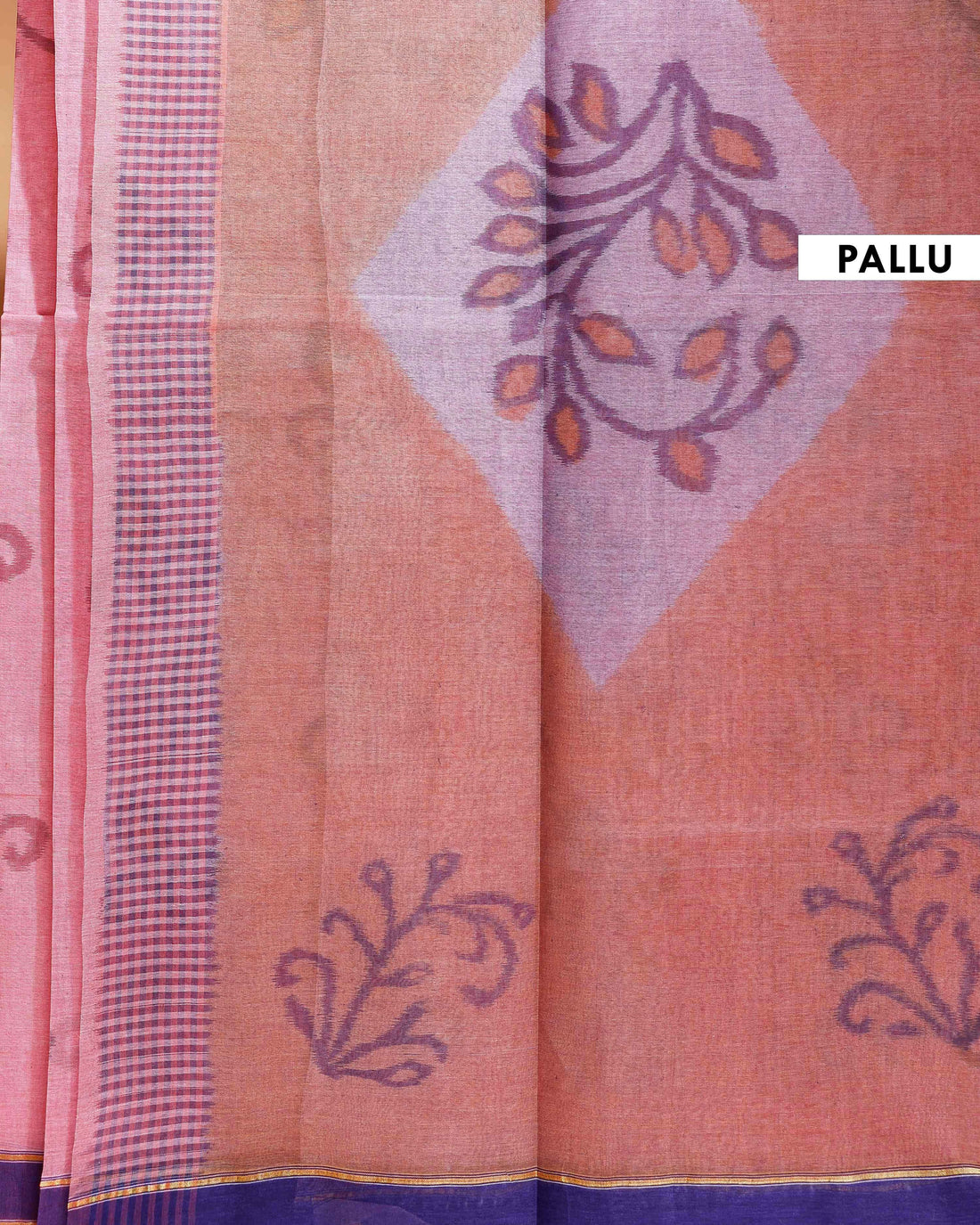 Handloom Bengal Cotton Saree with Traditional Motif & Checked Border - Peach