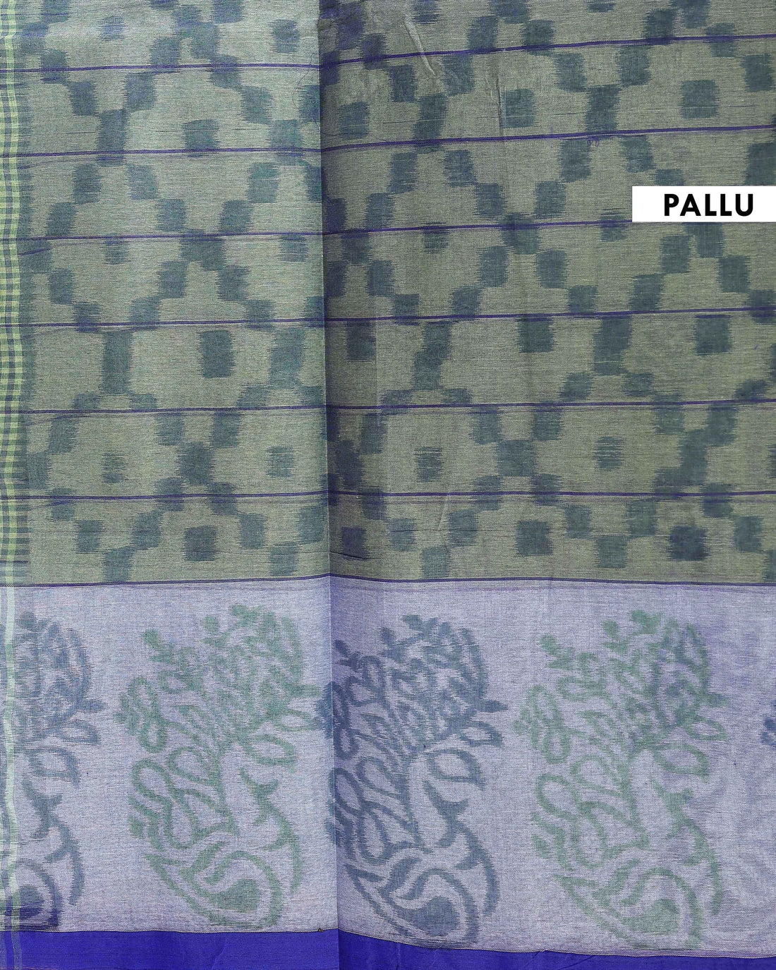 Handloom Bengal Cotton Saree with Checked Body and Intricate Pallu Design - Green