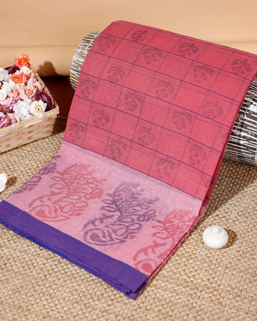 Handloom Bengal Cotton Saree with Checked Body and Intricate Pallu Design - Pink