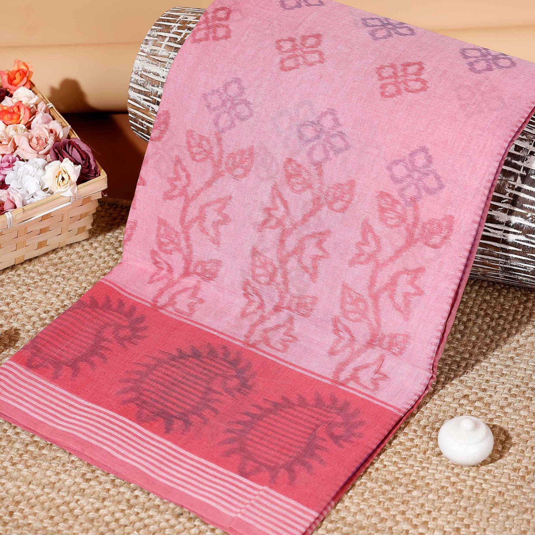 Handloom Bengal Cotton Saree with Woven Paisley Border and Buti Motifs - Pink