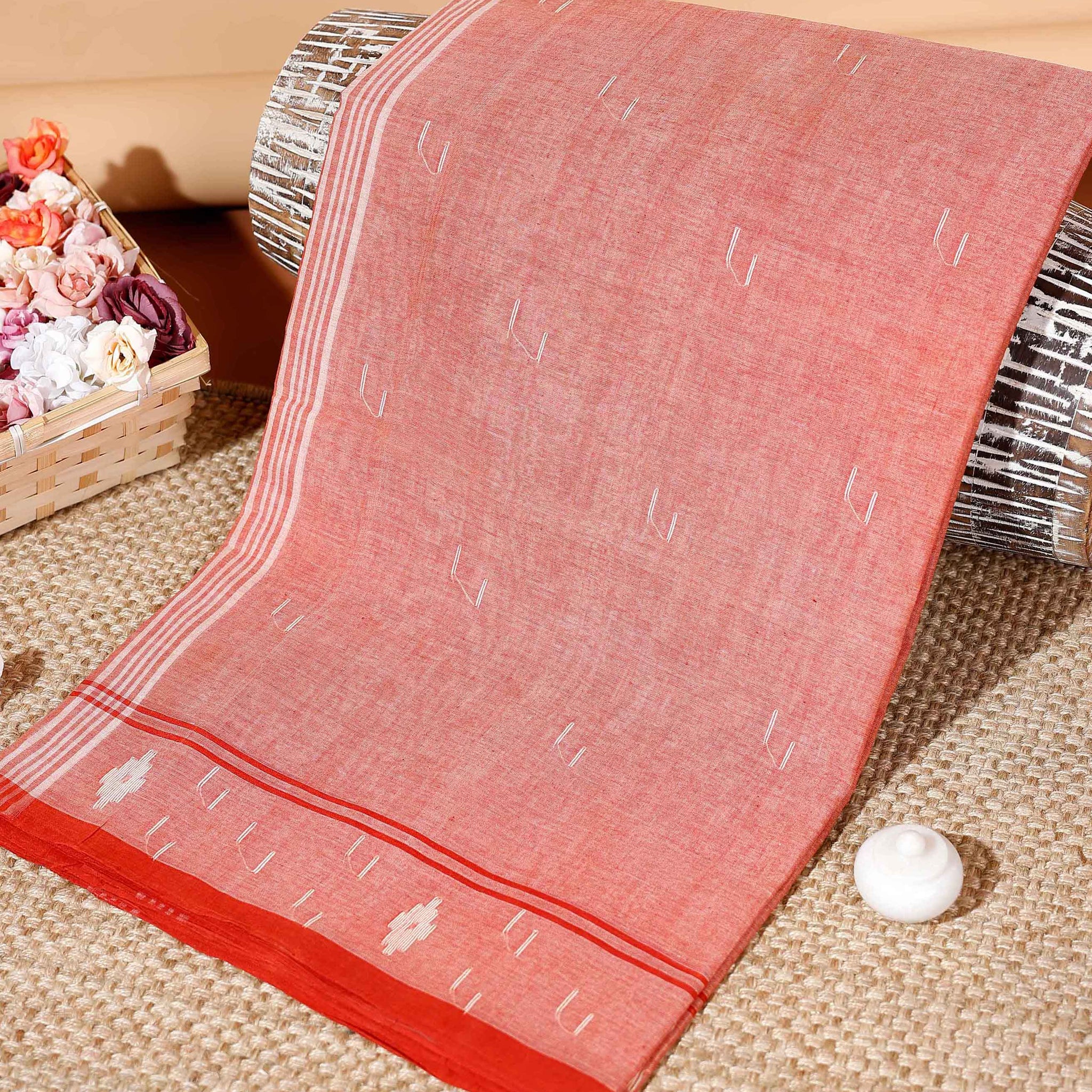 Handloom Bengal Cotton Saree with Woven Border & Subtle Texture - Red