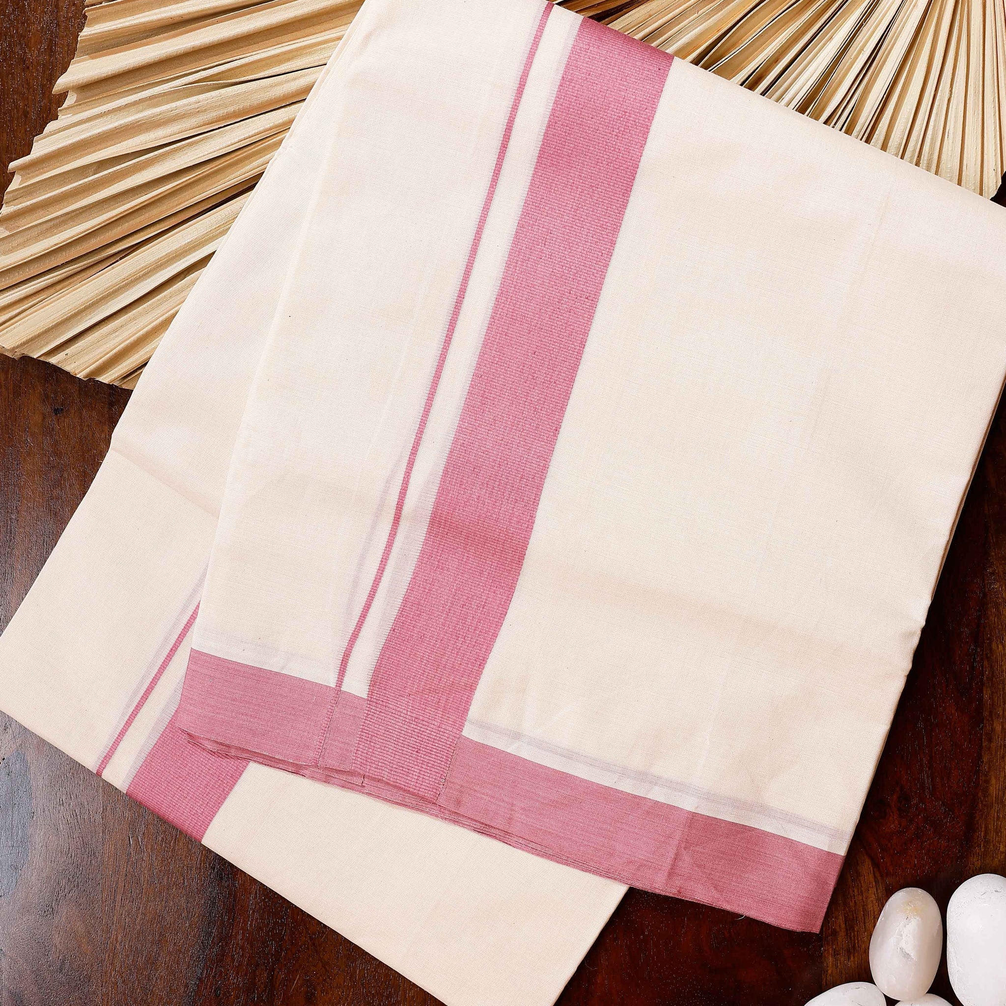 Traditional Handwoven Cotton Dhoti with Pink Border and Elegant Finish - Off White