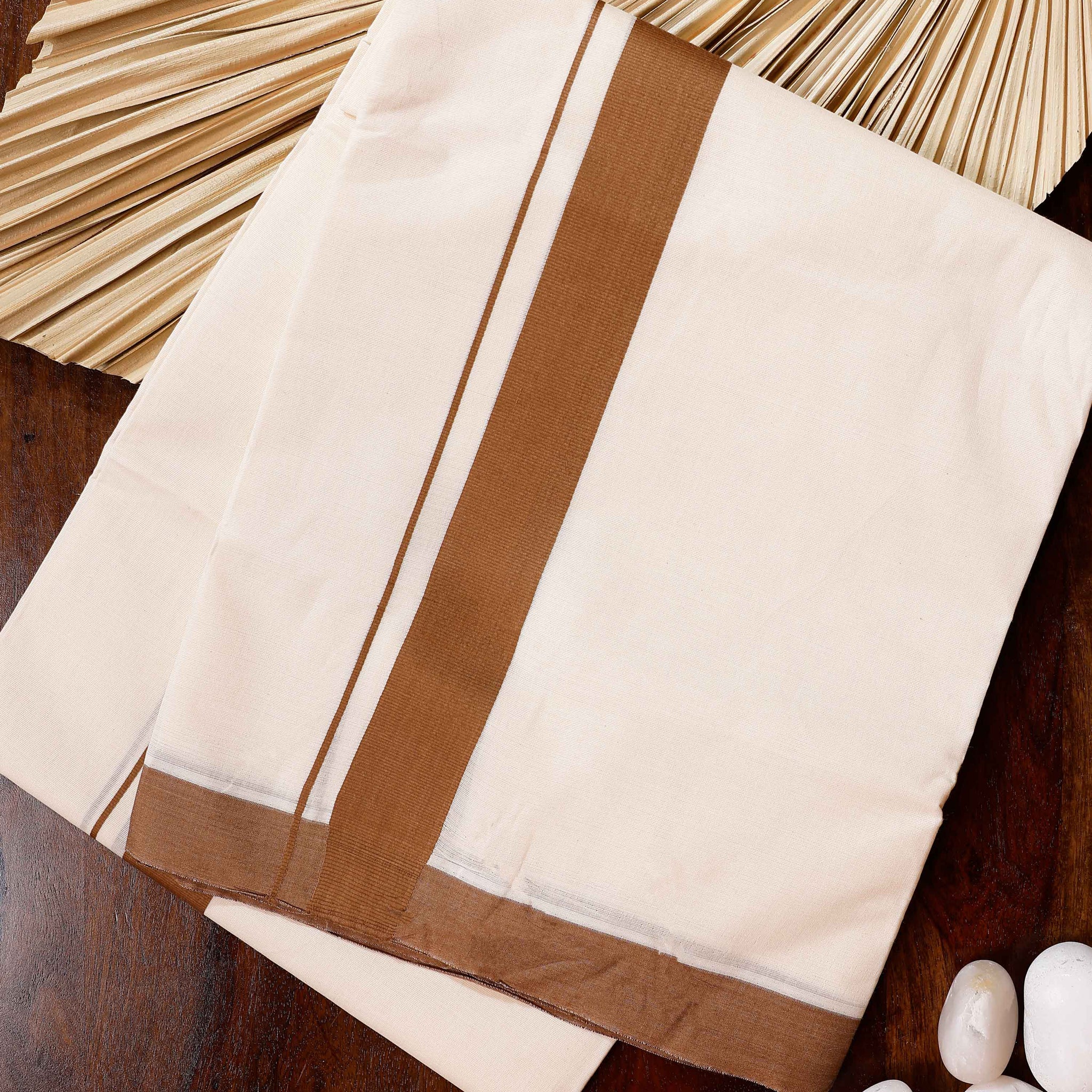 Traditional Handwoven Cotton Dhoti with Brown Border and Elegant Finish - Off White