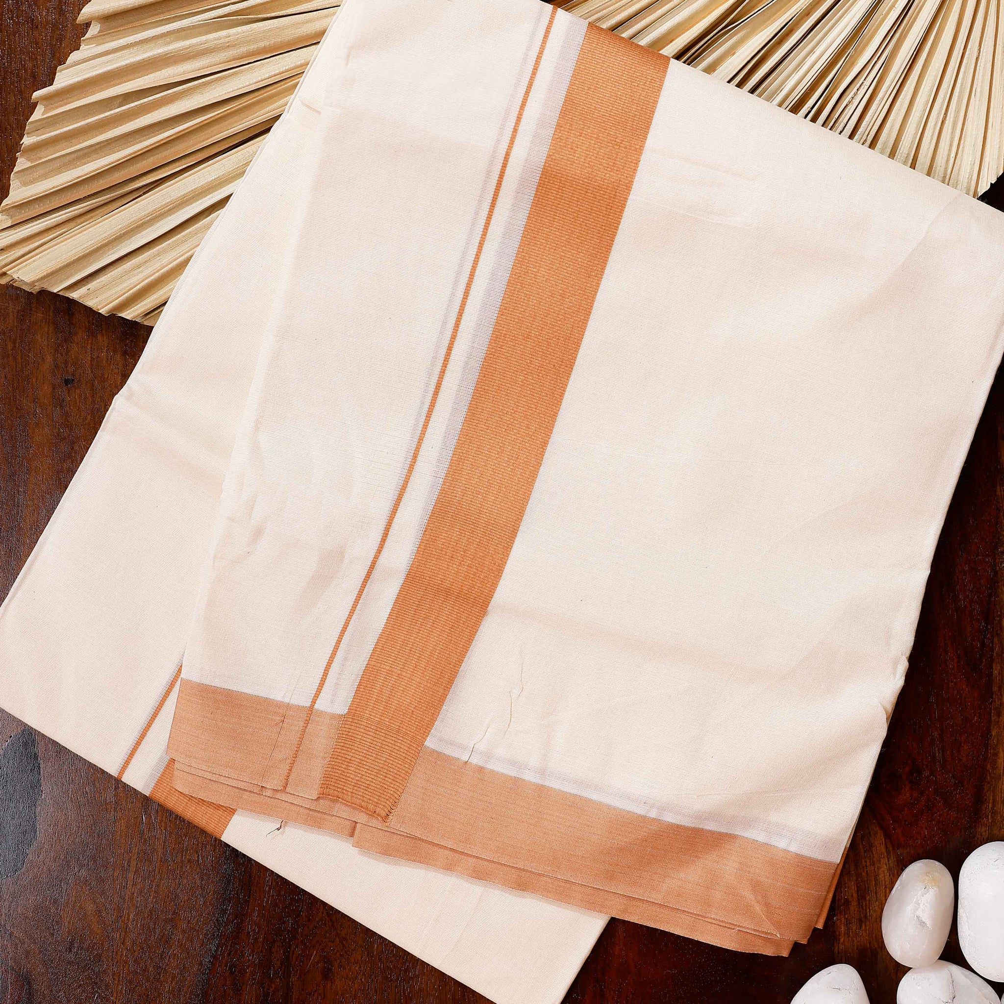 Traditional Handwoven Cotton Dhoti with Orange Border and Elegant Finish - Off White
