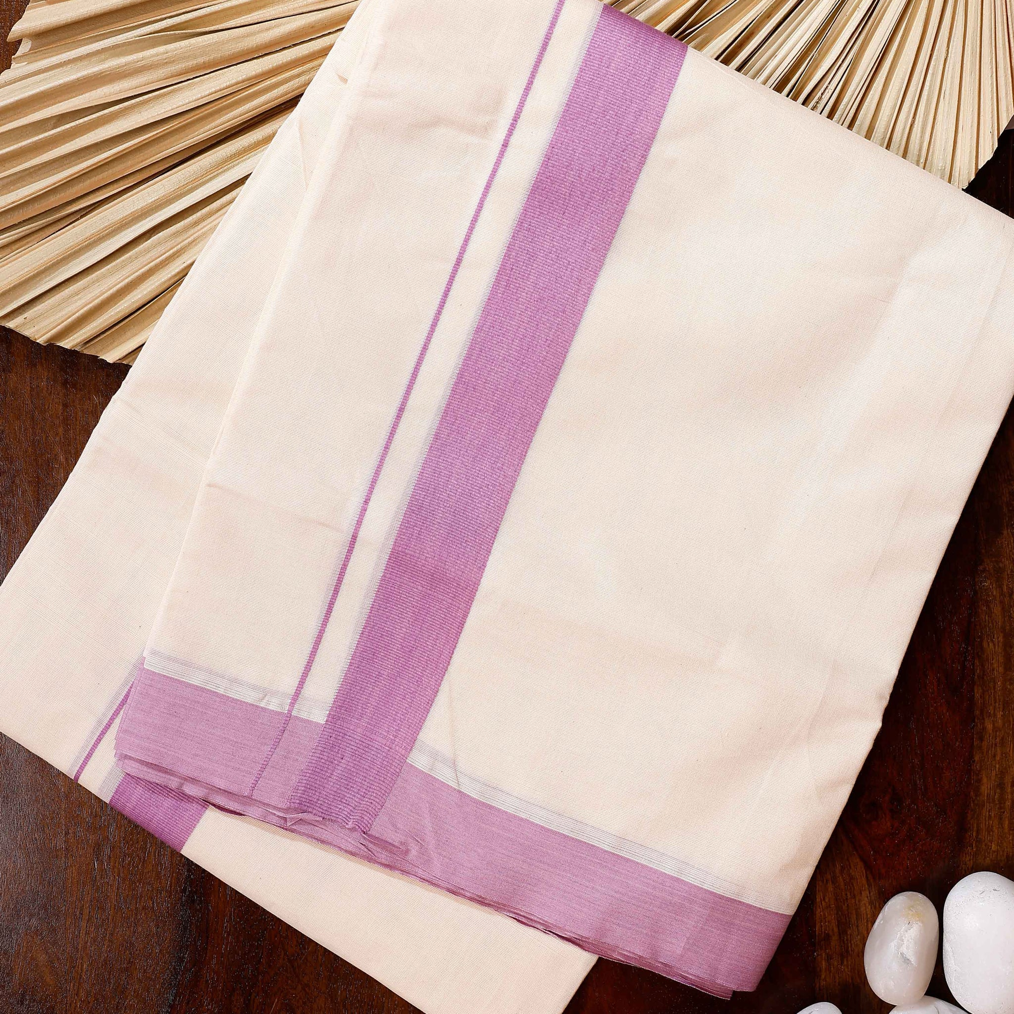 Traditional Handwoven Cotton Dhoti with Lavender Border and Elegant Finish - Off White