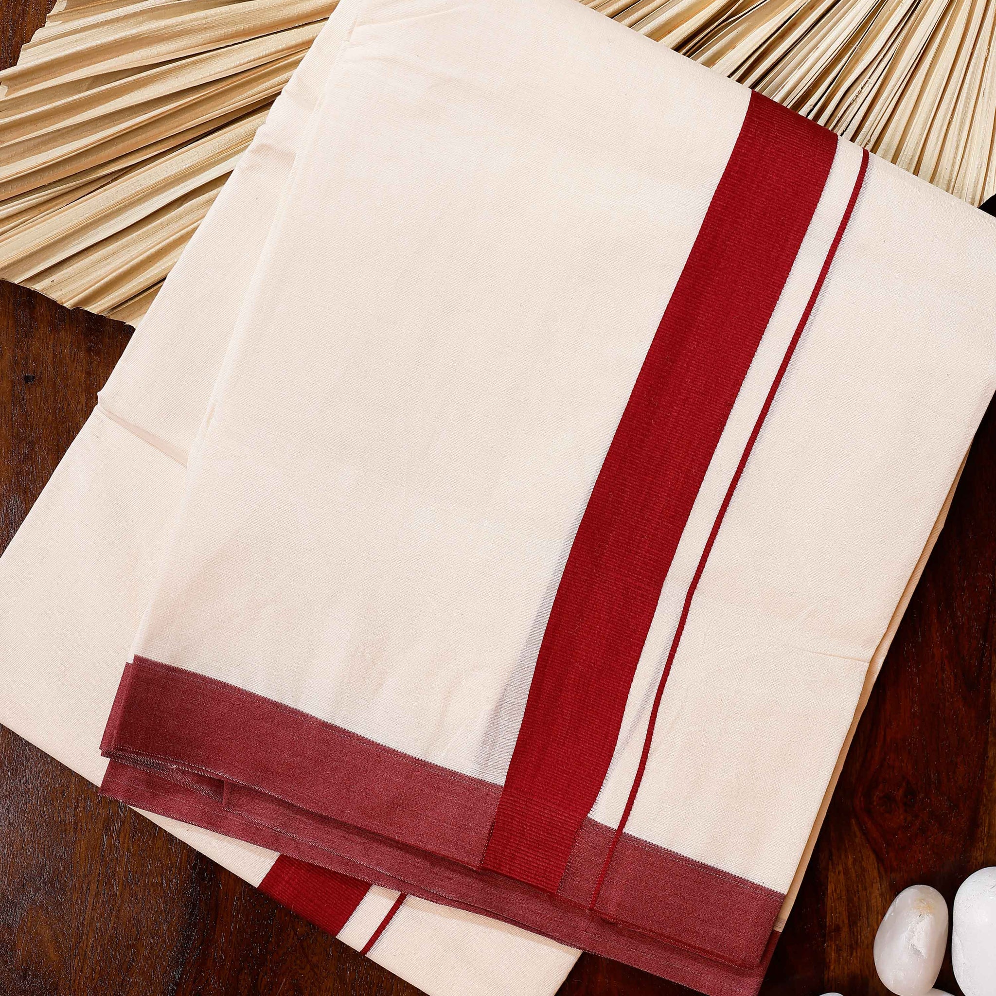 Traditional Handwoven Cotton Dhoti with Maroon Border and Elegant Finish - Off White
