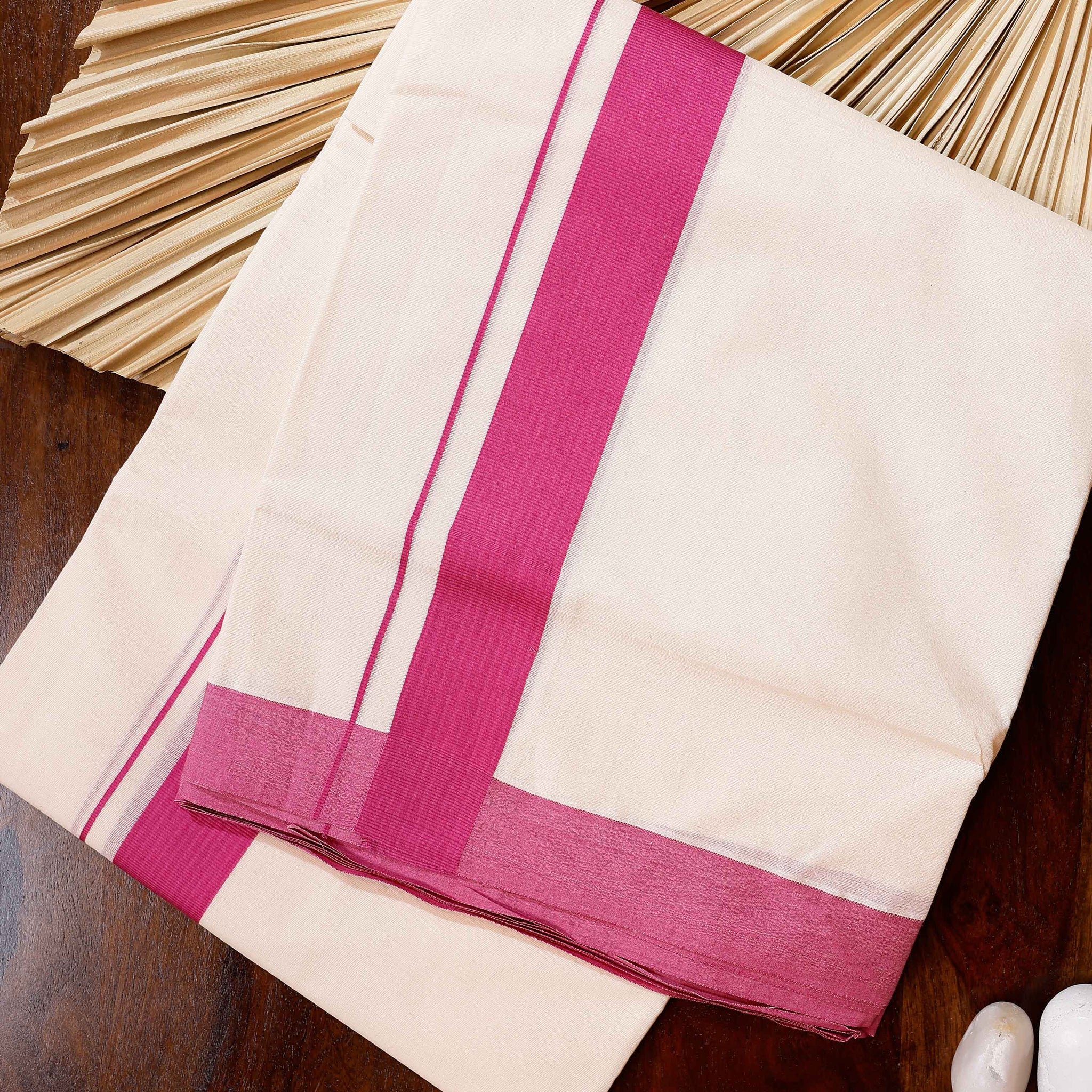 Traditional Handwoven Cotton Dhoti with Pink Border and Elegant Finish - Off White