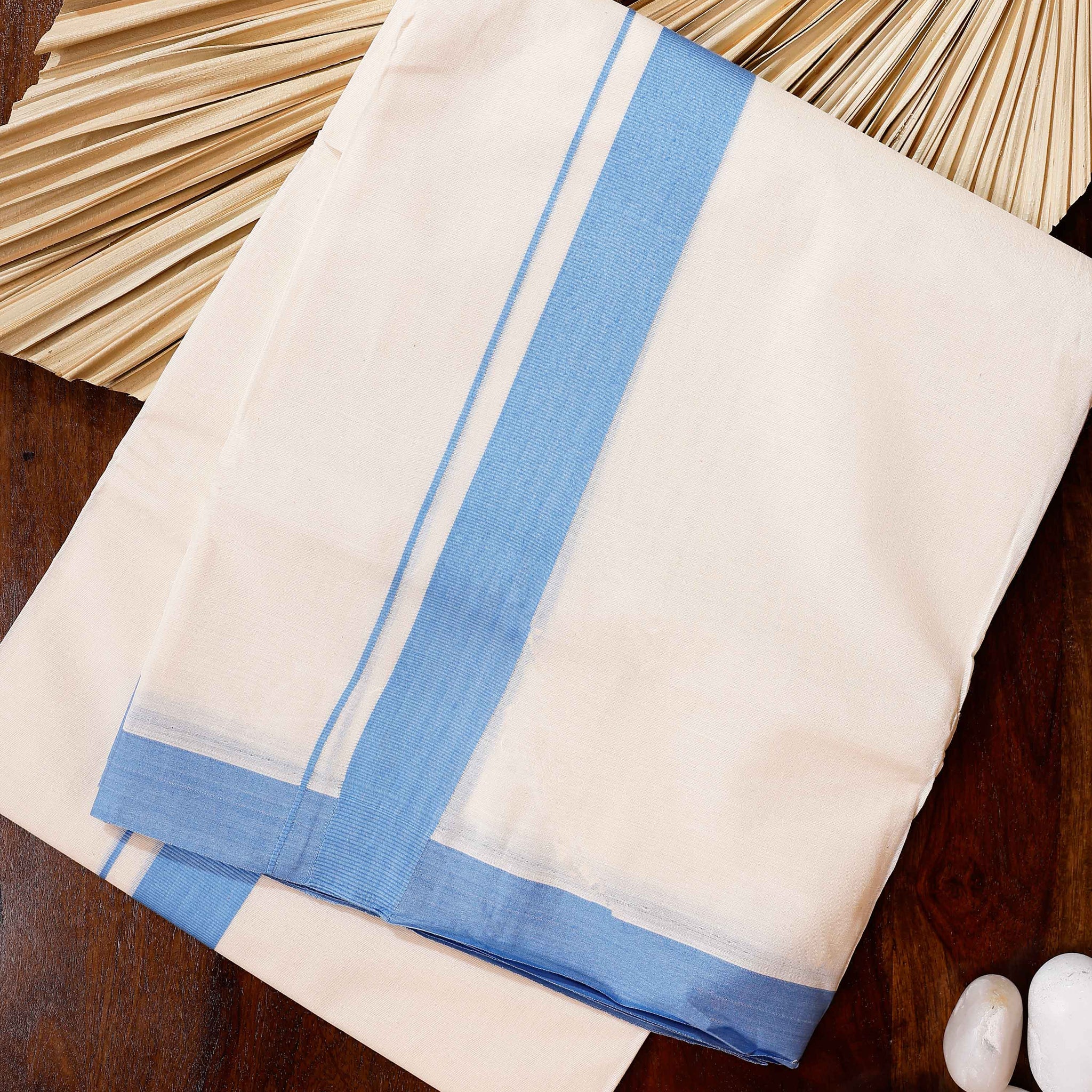 Traditional Handwoven Cotton Dhoti with Blue Border and Elegant Finish - Off White