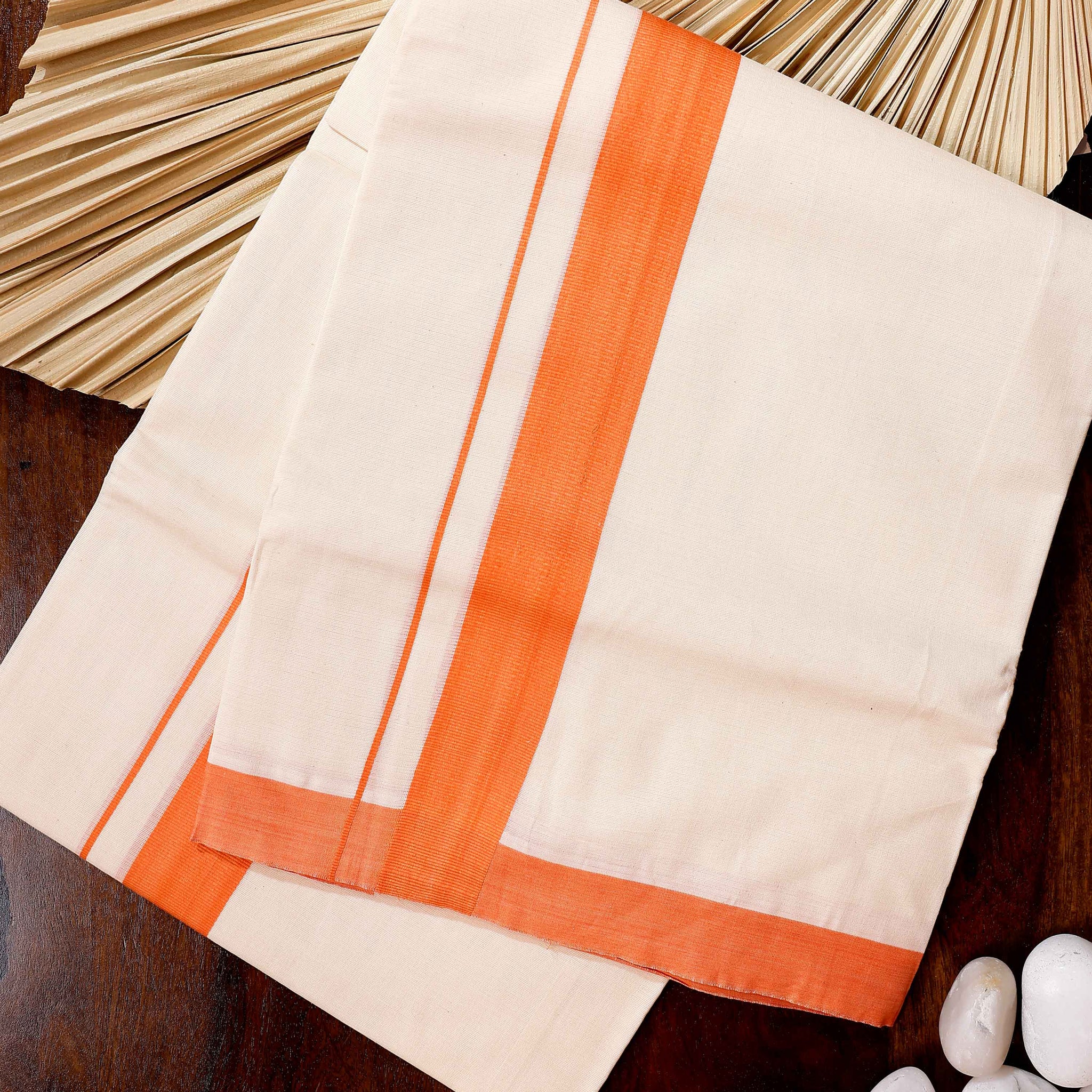 Traditional Handwoven Cotton Dhoti with Orange Border and Elegant Finish - Off White
