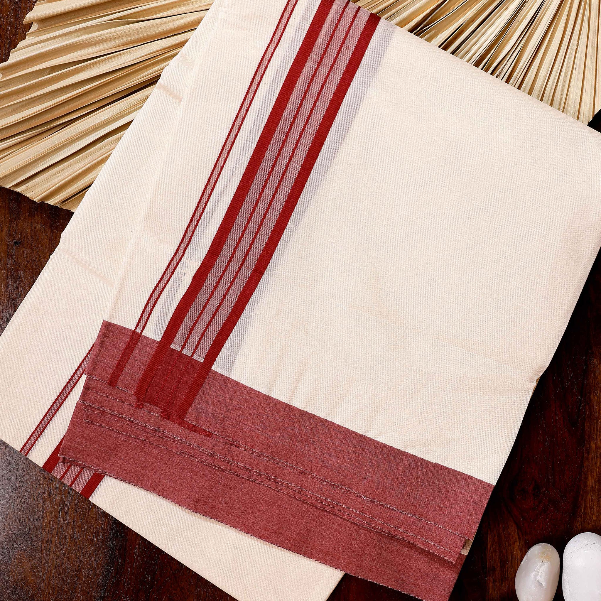 Traditional Handwoven Cotton Dhoti with Maroon Border and Elegant Finish - Off White