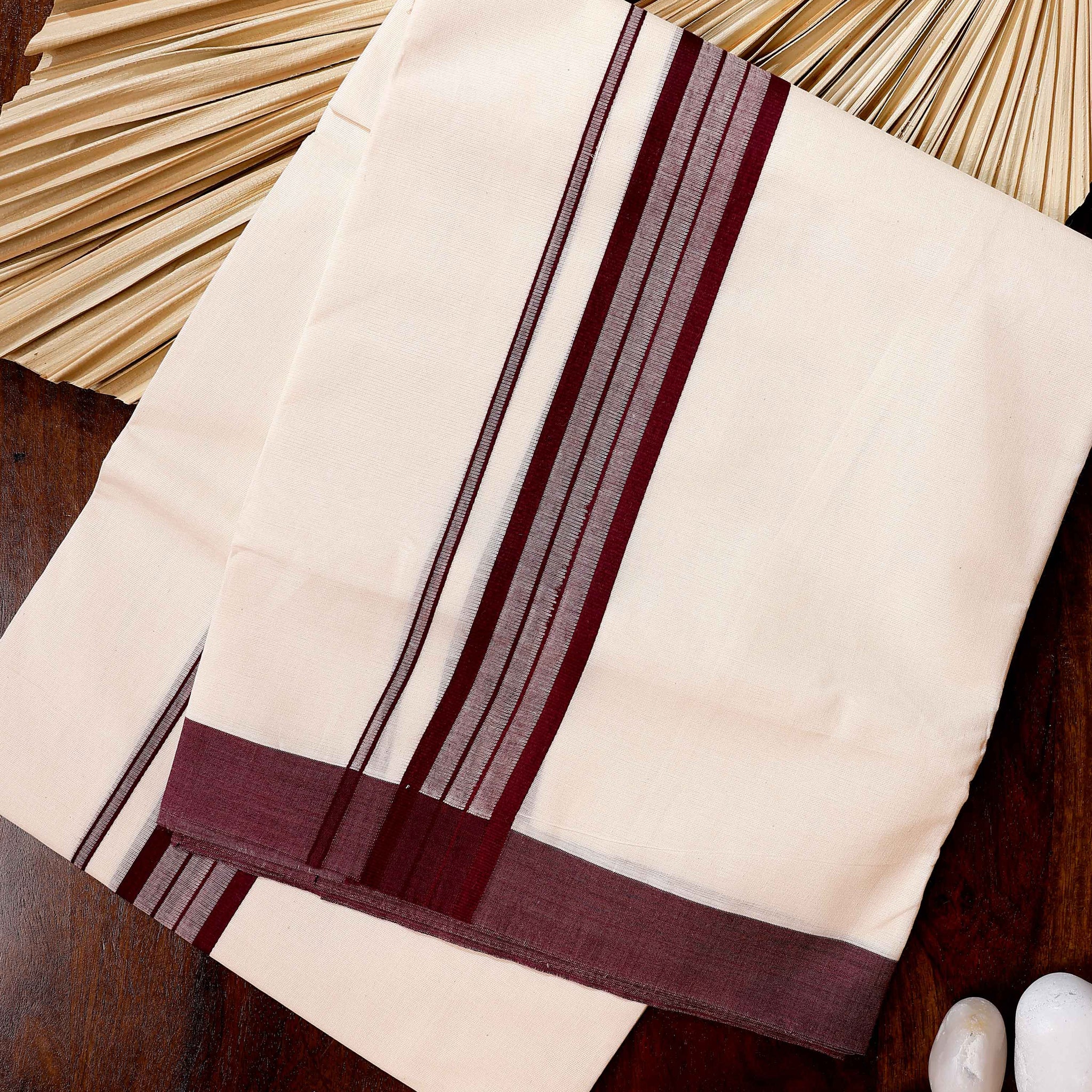 Traditional Handwoven Cotton Dhoti with Purple Border and Elegant Finish - Off White