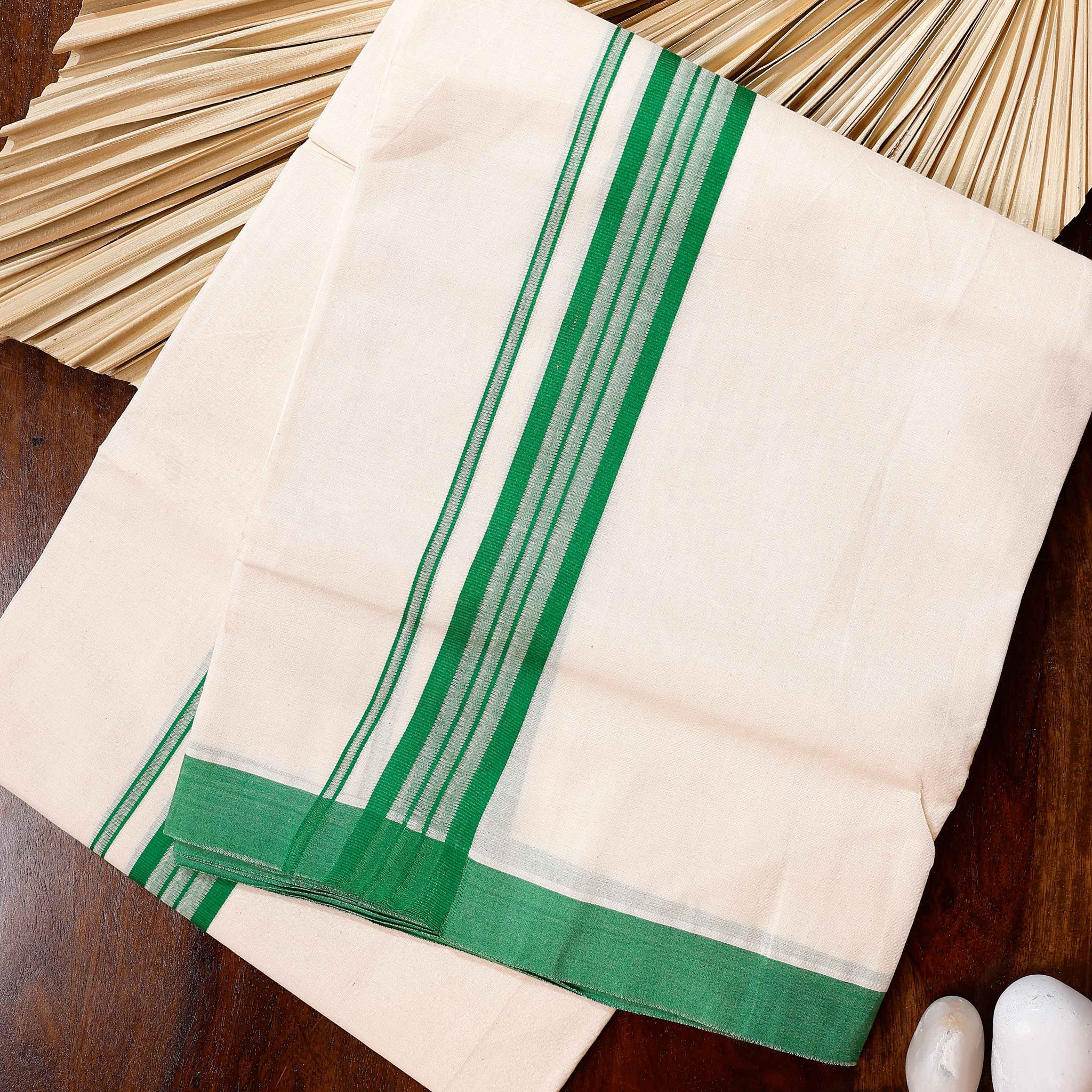 Traditional Handwoven Cotton Dhoti with Green Border and Elegant Finish - Off White