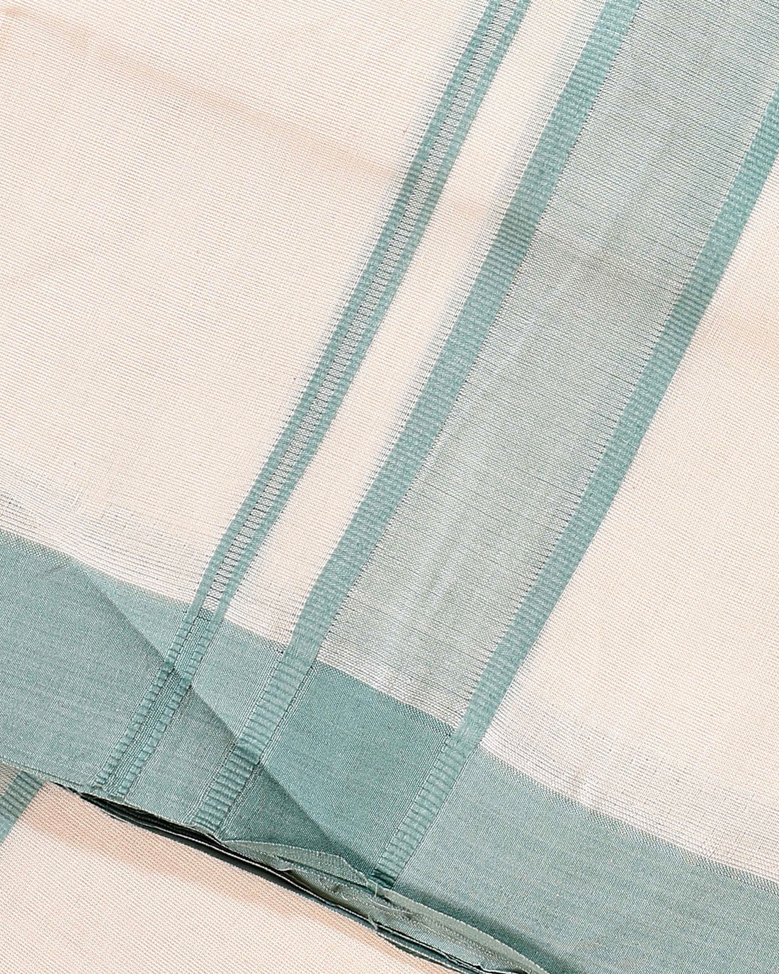 Traditional Handwoven Cotton Dhoti with Light Green Border and Elegant Finish - Off White
