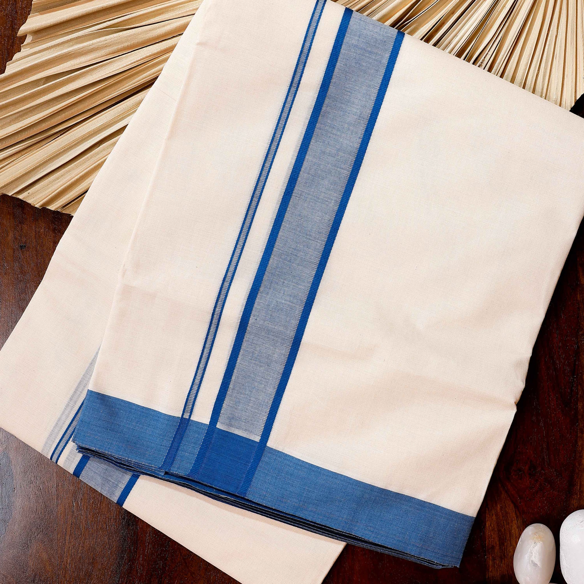 Traditional Handwoven Cotton Dhoti with Blue Border and Elegant Finish - Off White