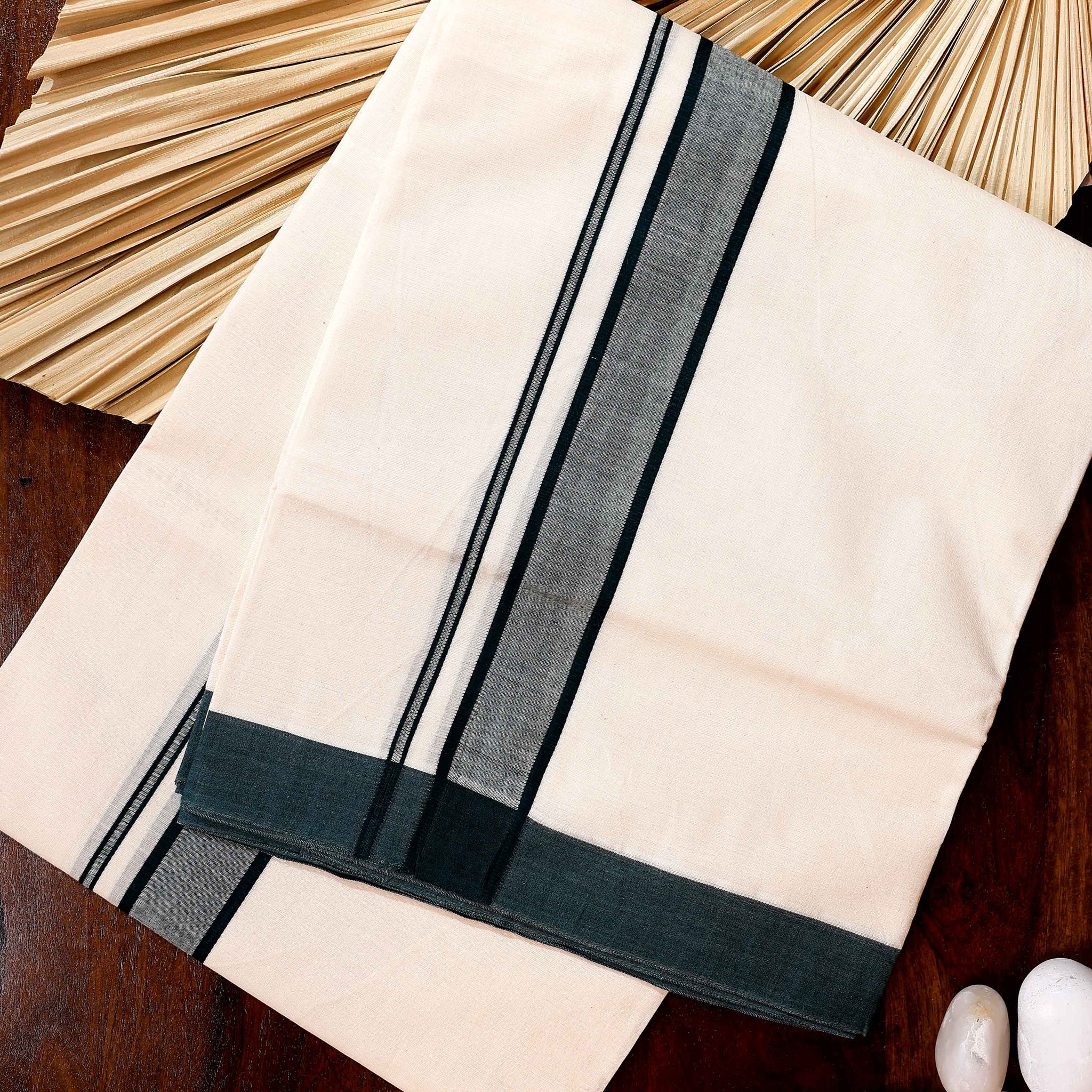 Traditional Handwoven Cotton Dhoti with Dark Green Border and Elegant Finish - Off White