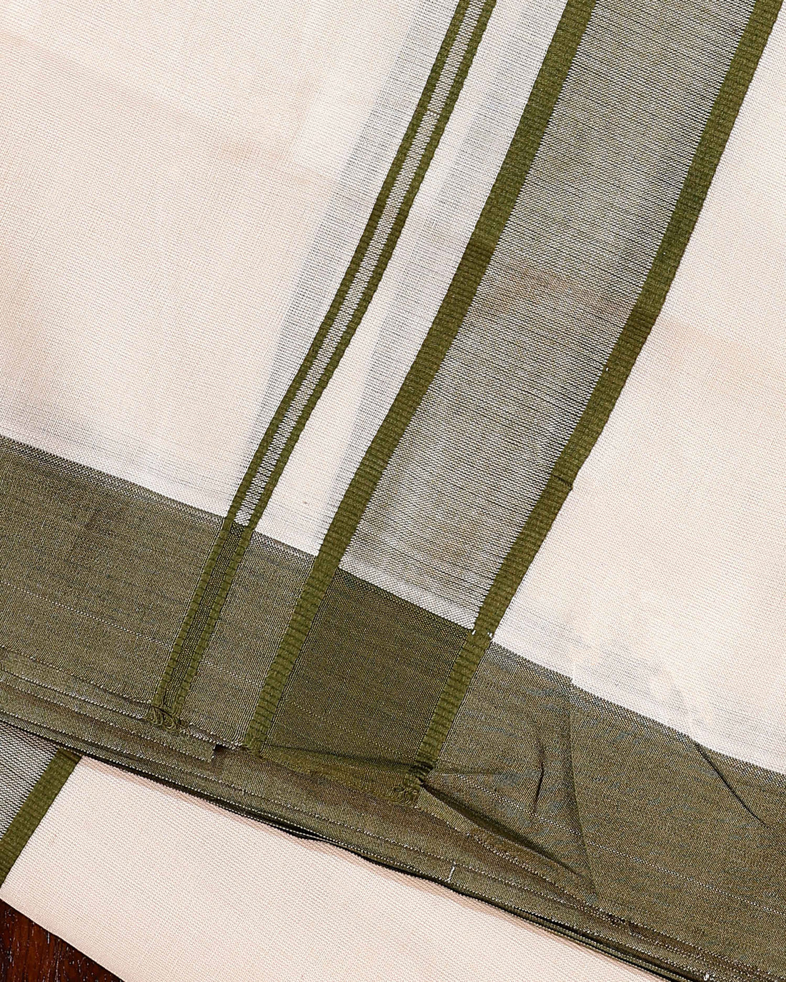 Traditional Handwoven Cotton Dhoti with Green Border and Elegant Finish - Off White