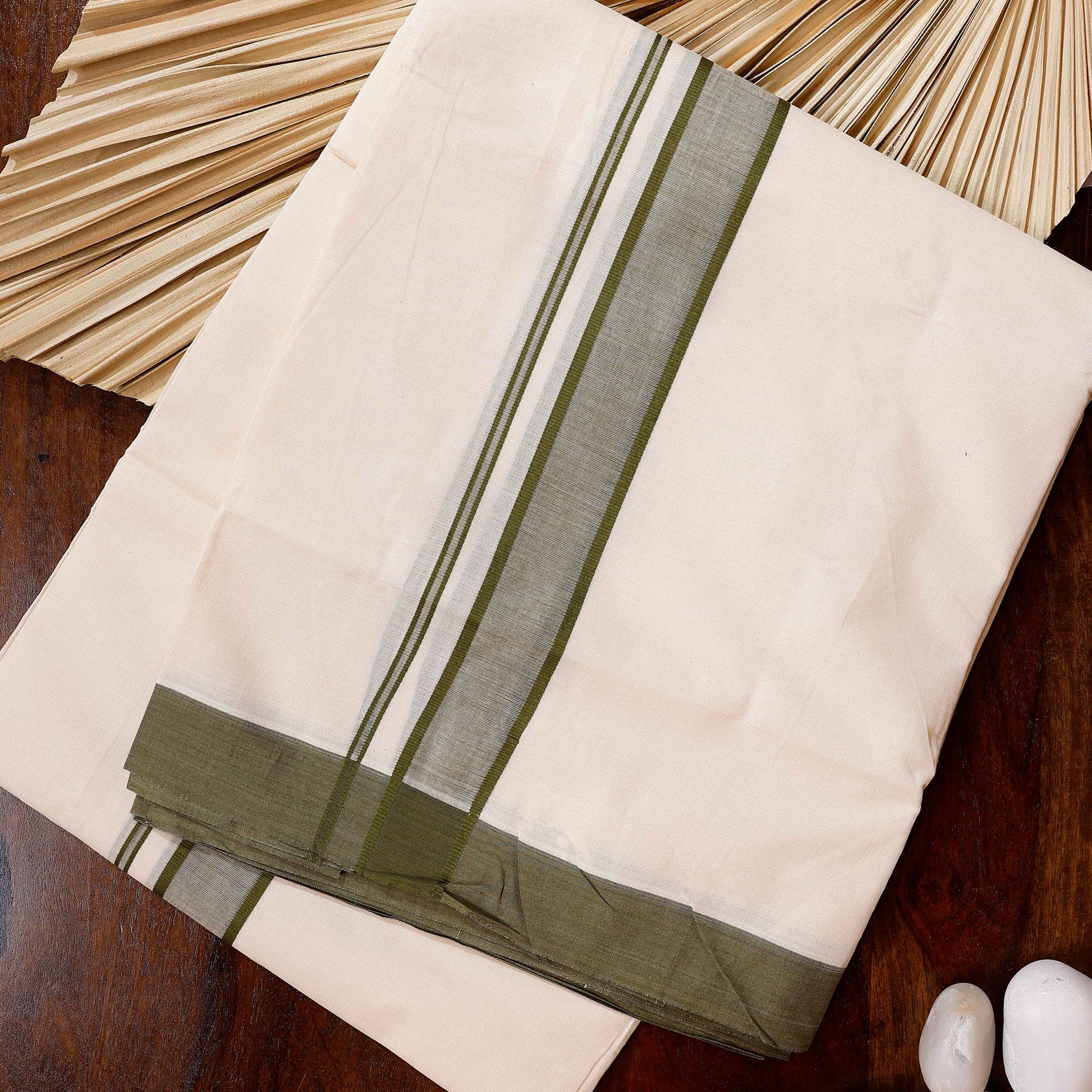 Traditional Handwoven Cotton Dhoti with Green Border and Elegant Finish - Off White