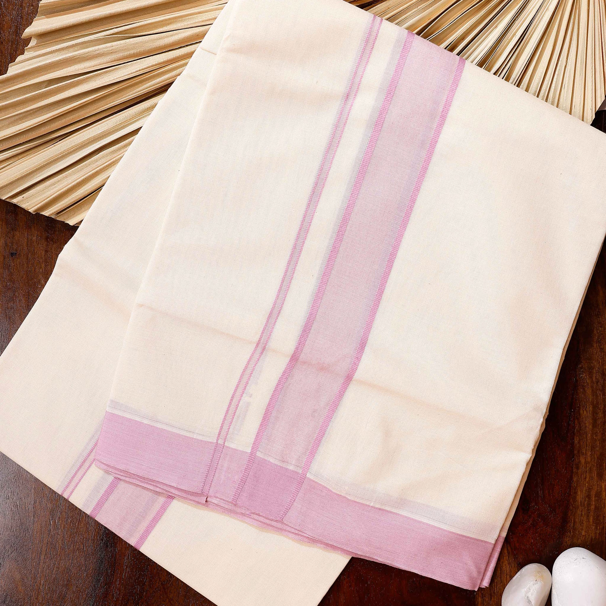 Traditional Handwoven Cotton Dhoti with Pink Border and Elegant Finish - Off White