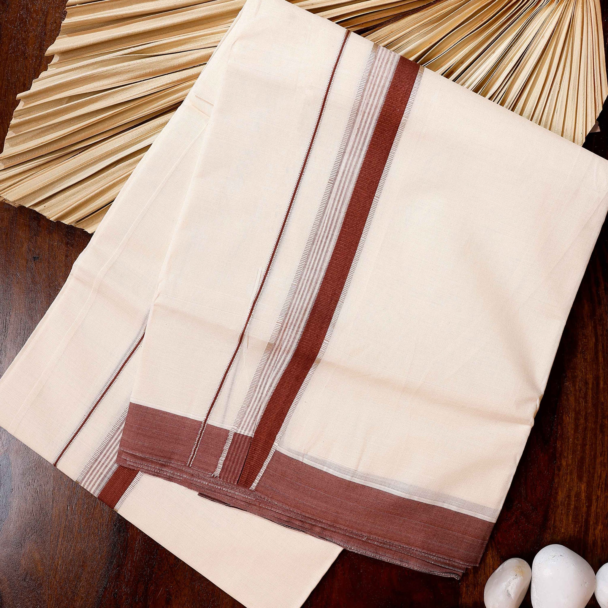 Traditional Handwoven Cotton Dhoti with Maroon Border and Elegant Finish - Off White