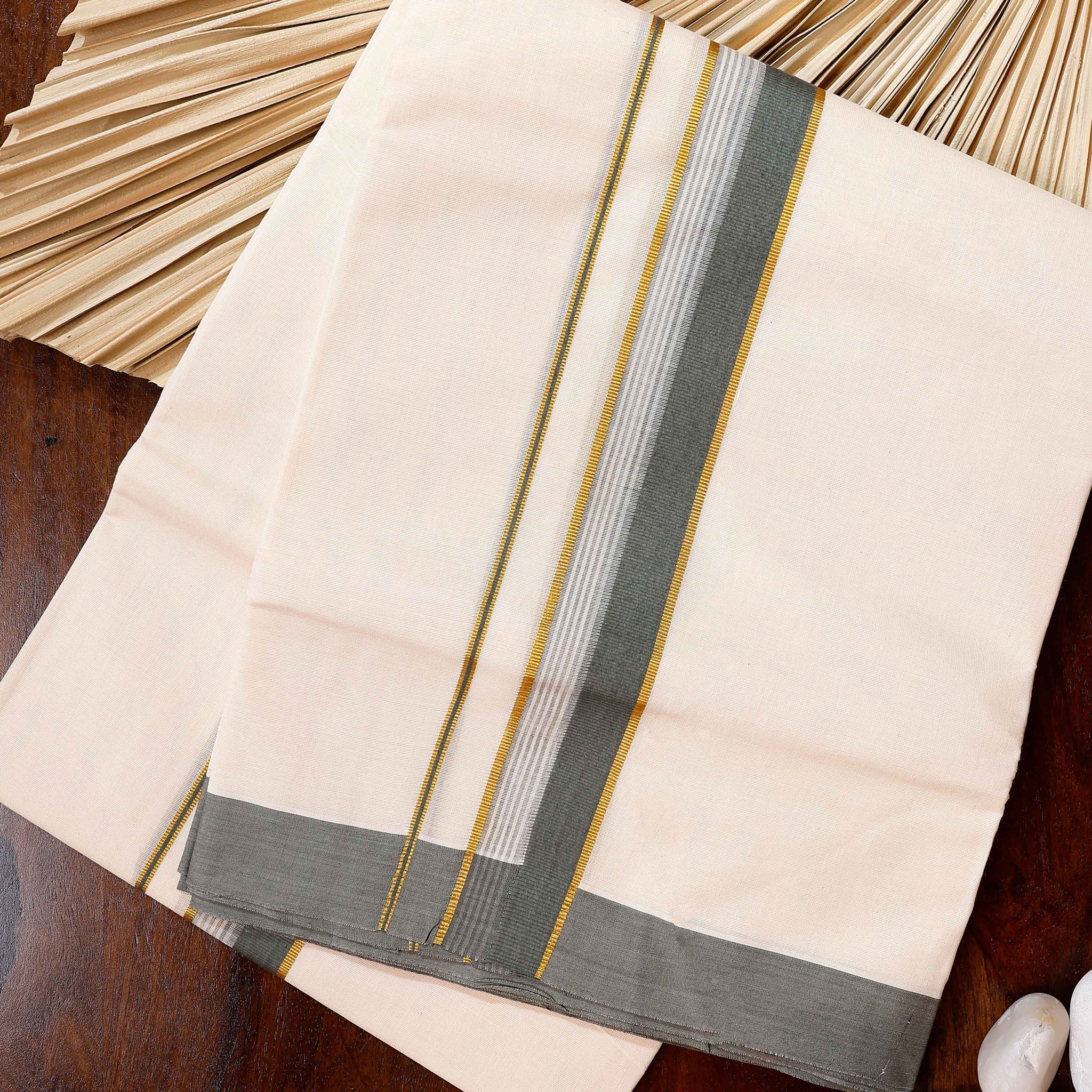 Traditional Handwoven Cotton Dhoti with Grey Border and Elegant Finish - Off White