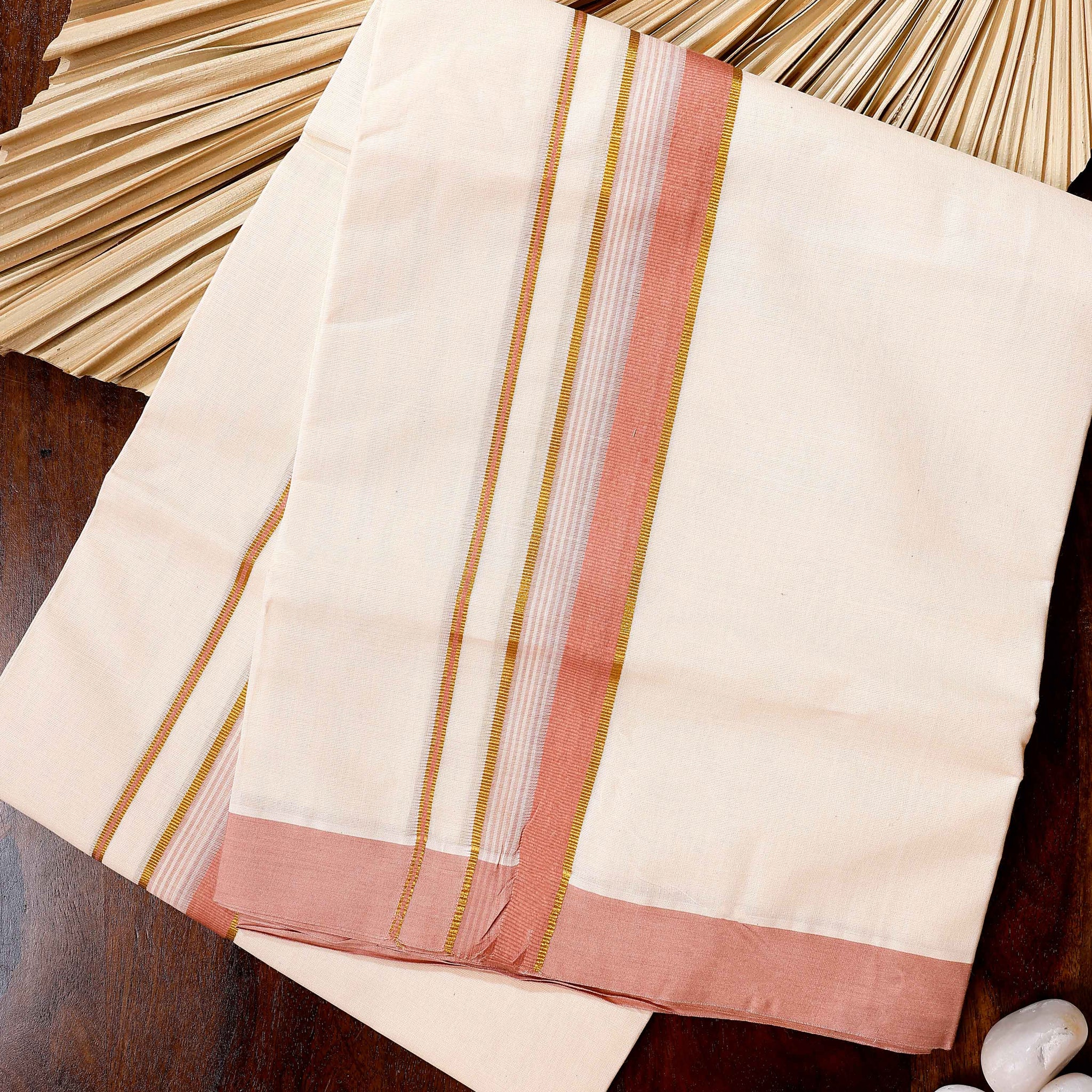 Traditional Handwoven Cotton Dhoti with Peach Border and Elegant Finish - Off White