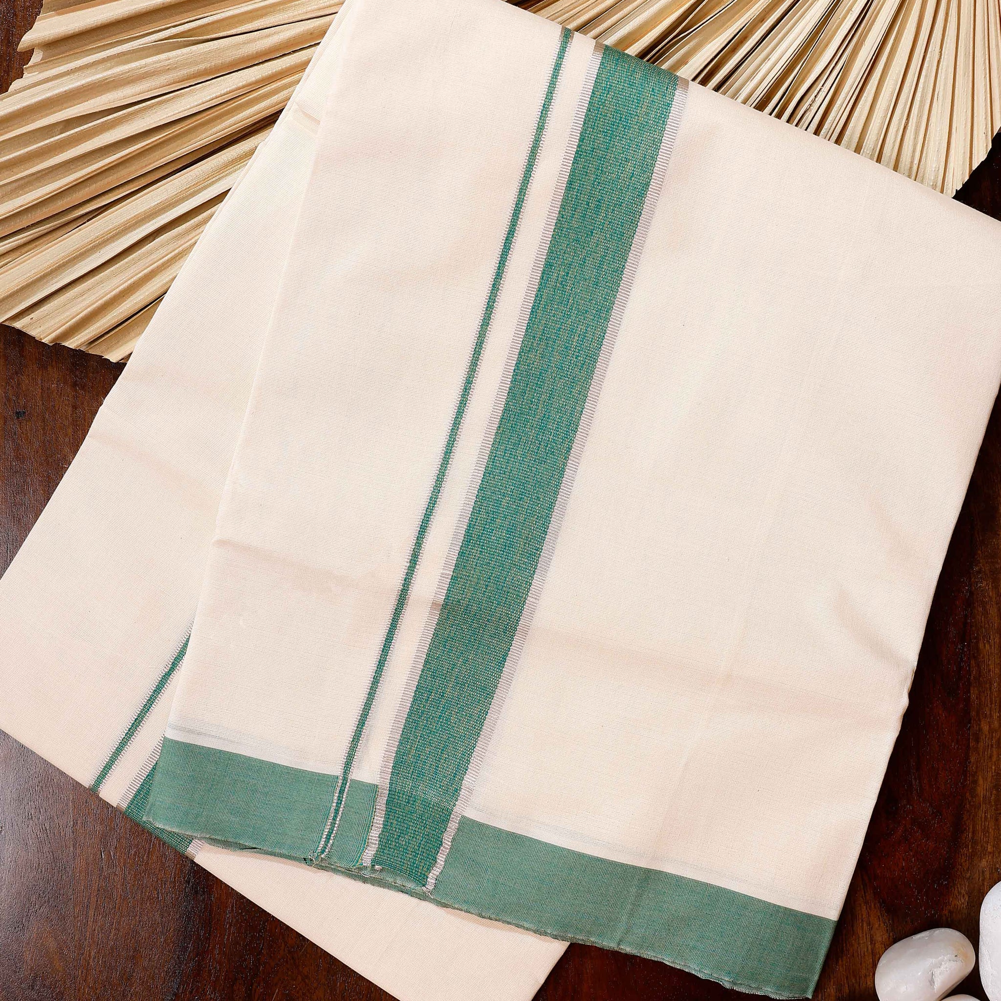 Traditional Handwoven Cotton Dhoti with Green Border and Elegant Finish - Off White
