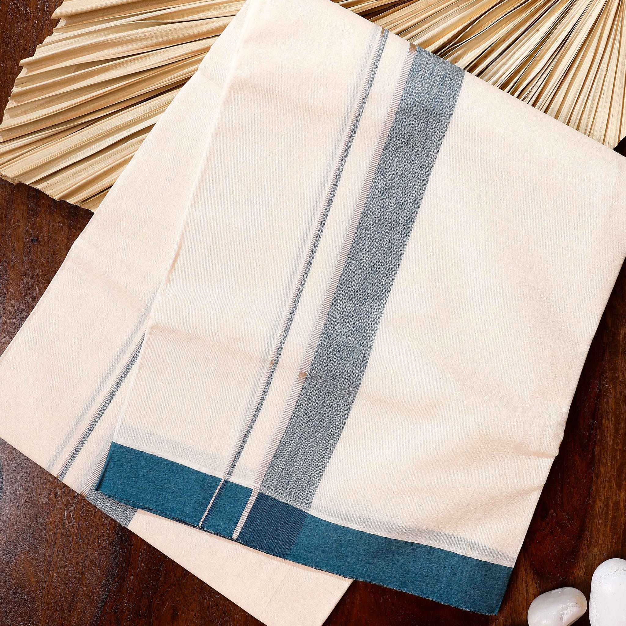 Traditional Handwoven Cotton Dhoti with Teal Border and Elegant Finish - Off White