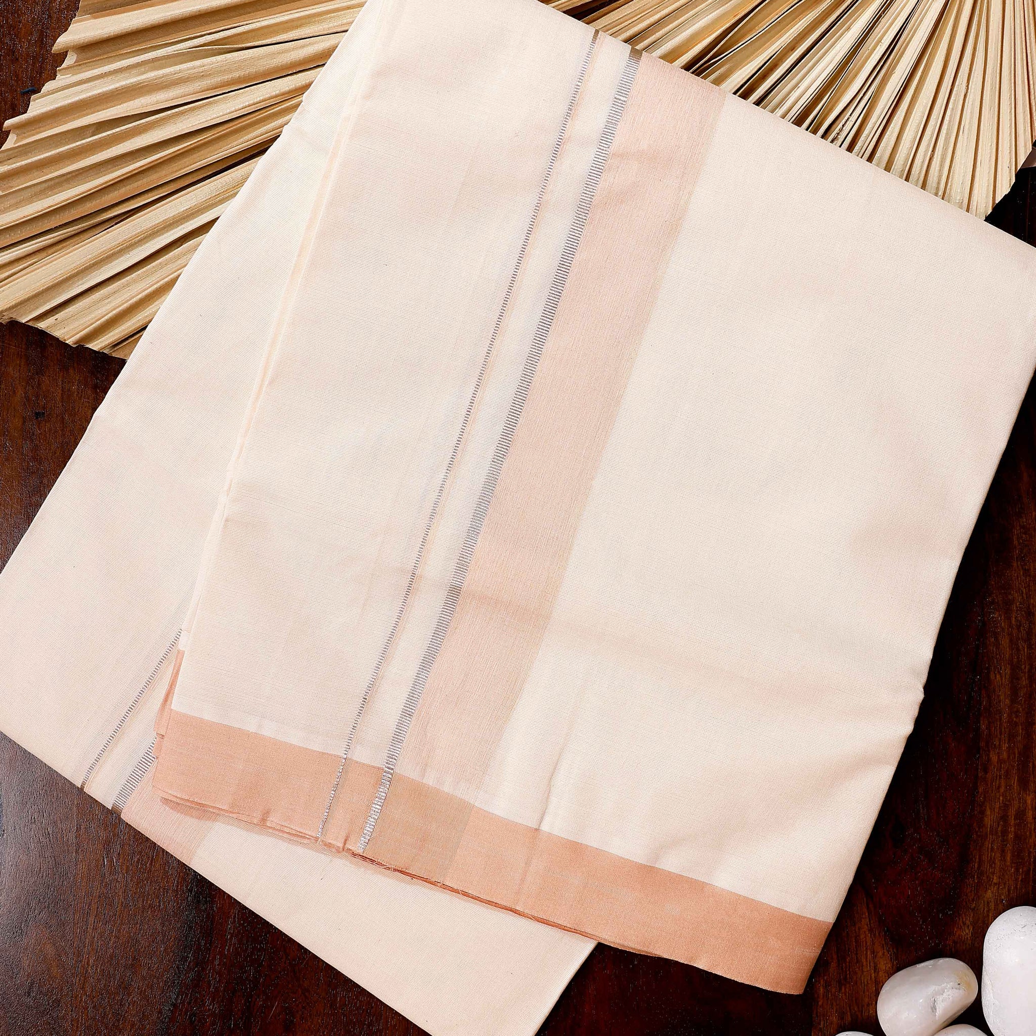Traditional Handwoven Cotton Dhoti with Peach Border and Elegant Finish - Off White