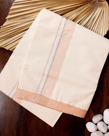 Traditional Handwoven Cotton Dhoti with Peach Border and Elegant Finish - Off White