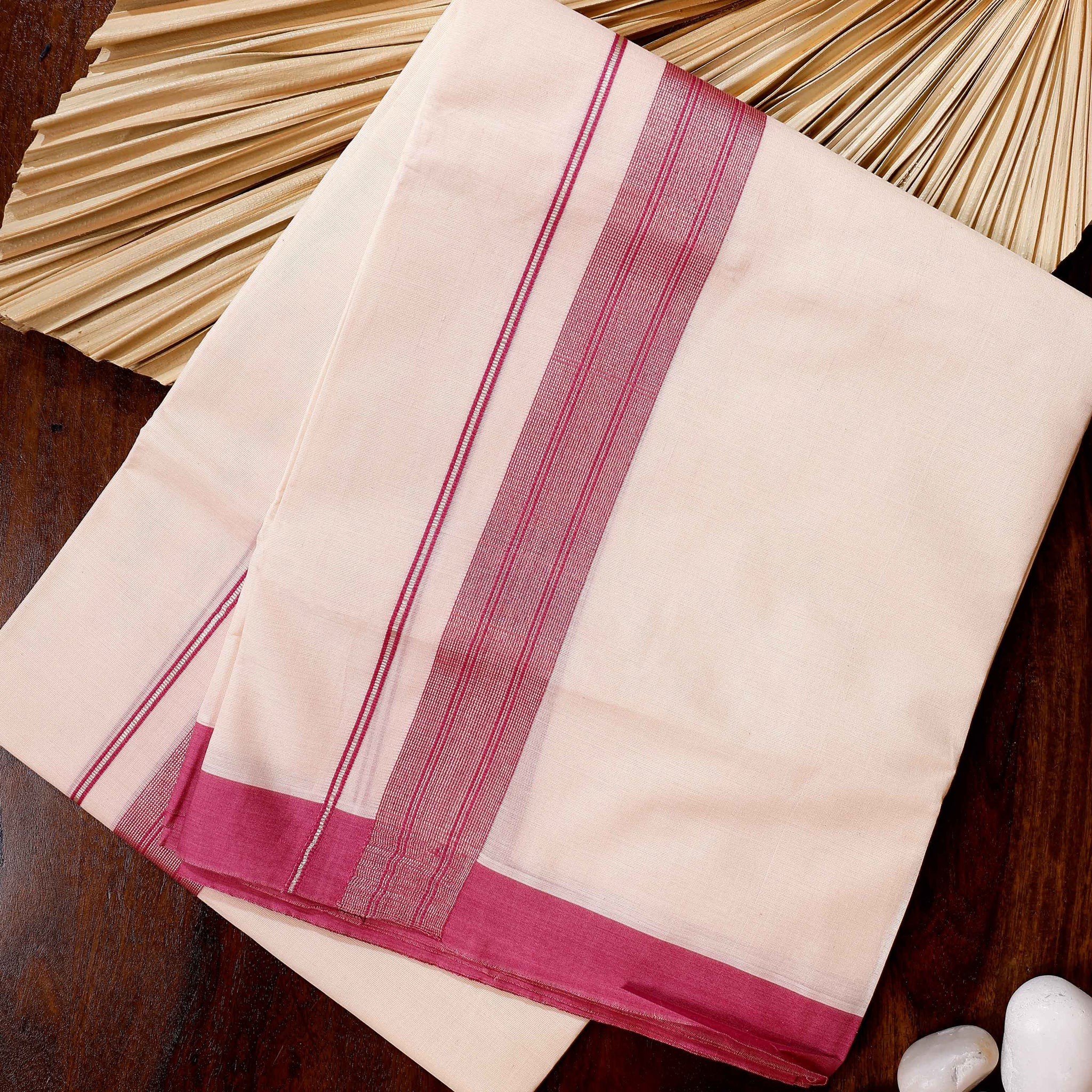 Traditional Handwoven Cotton Dhoti with Pink Border and Elegant Finish - Off White