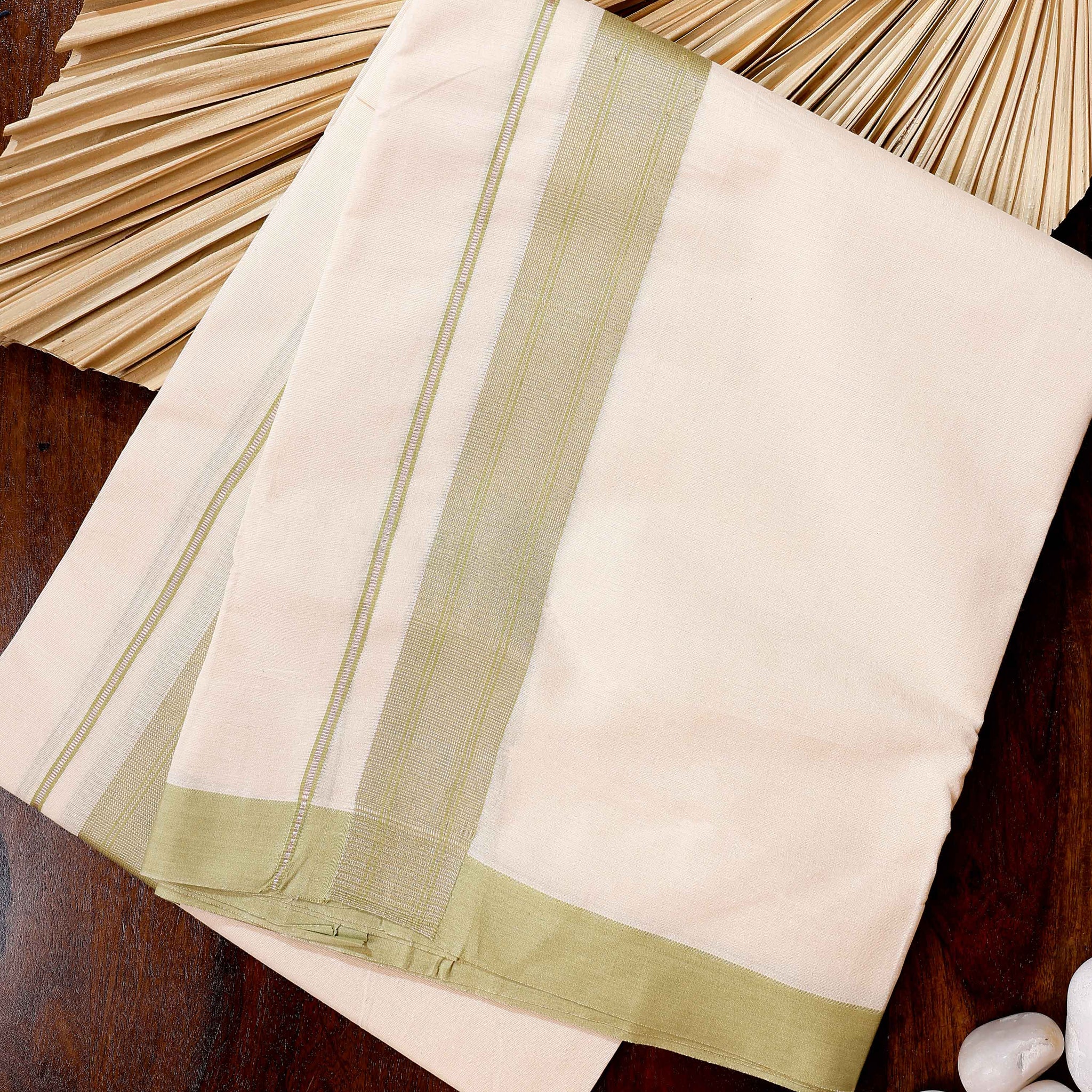 Traditional Handwoven Cotton Dhoti with Green Border and Elegant Finish - Off White