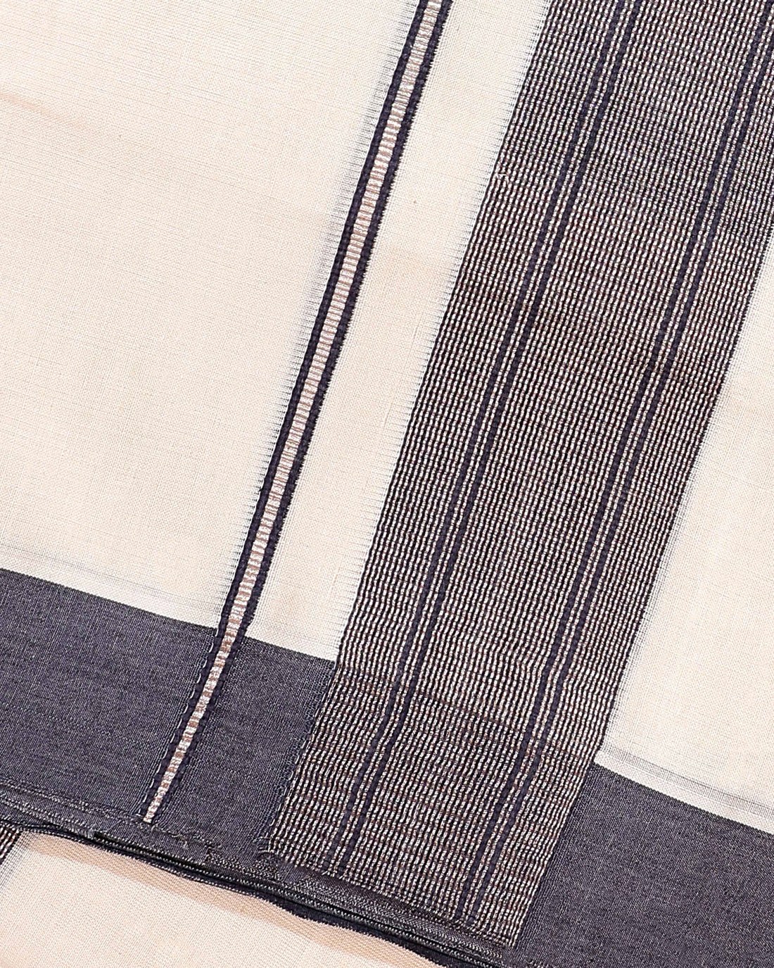 Traditional Handwoven Cotton Dhoti with Dark Grey Border and Elegant Finish - Off White