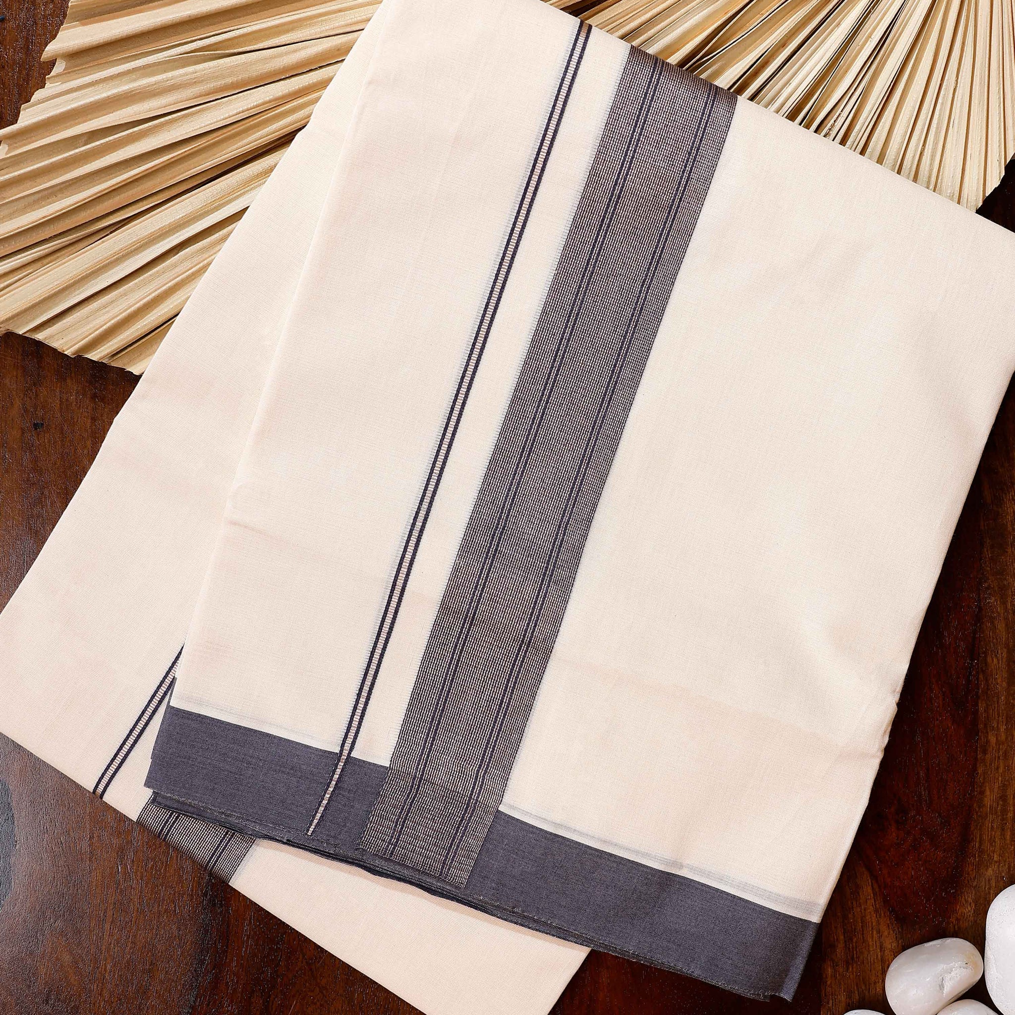 Traditional Handwoven Cotton Dhoti with Dark Grey Border and Elegant Finish - Off White