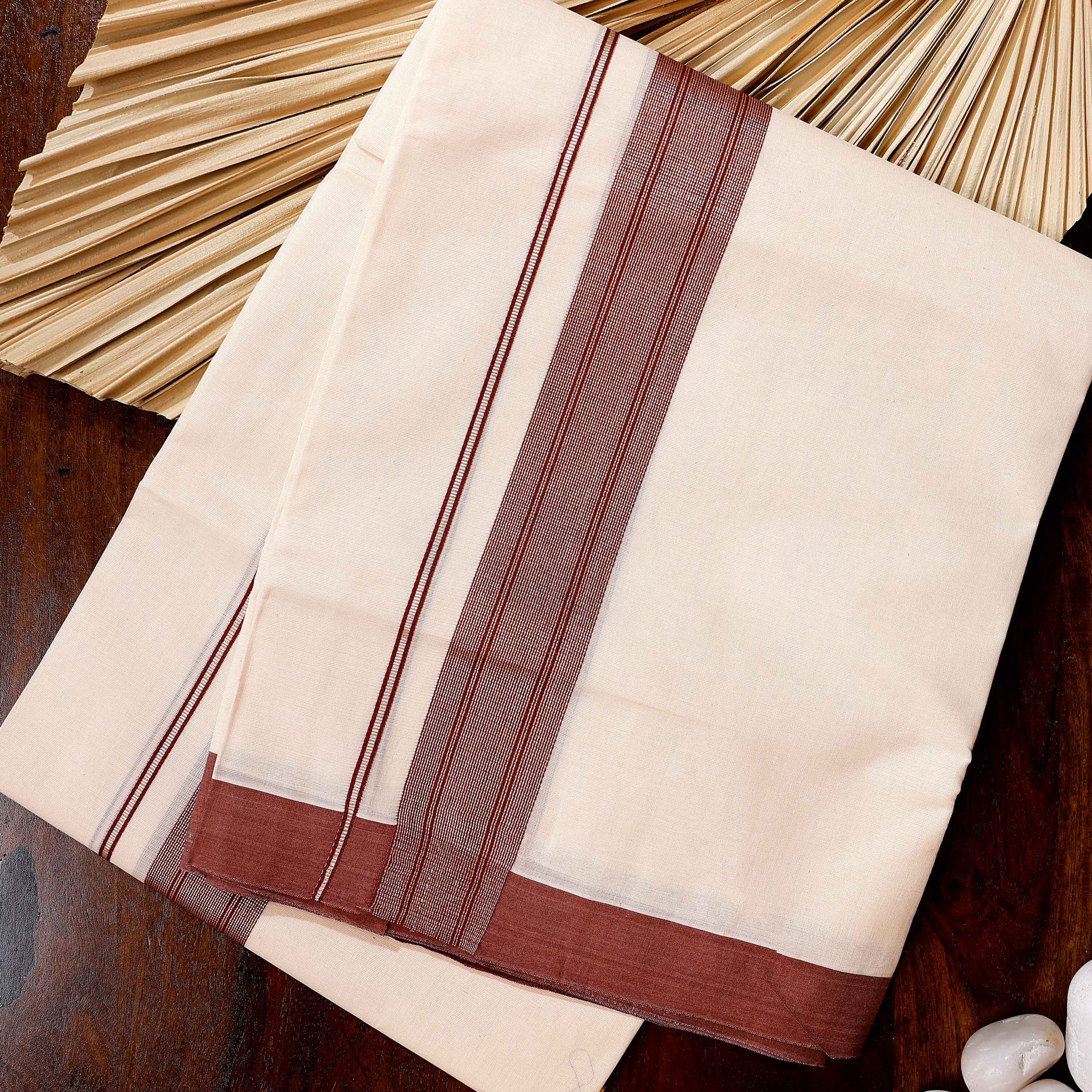 Traditional Handwoven Cotton Dhoti with Dark Maroon Border and Elegant Finish - Off White