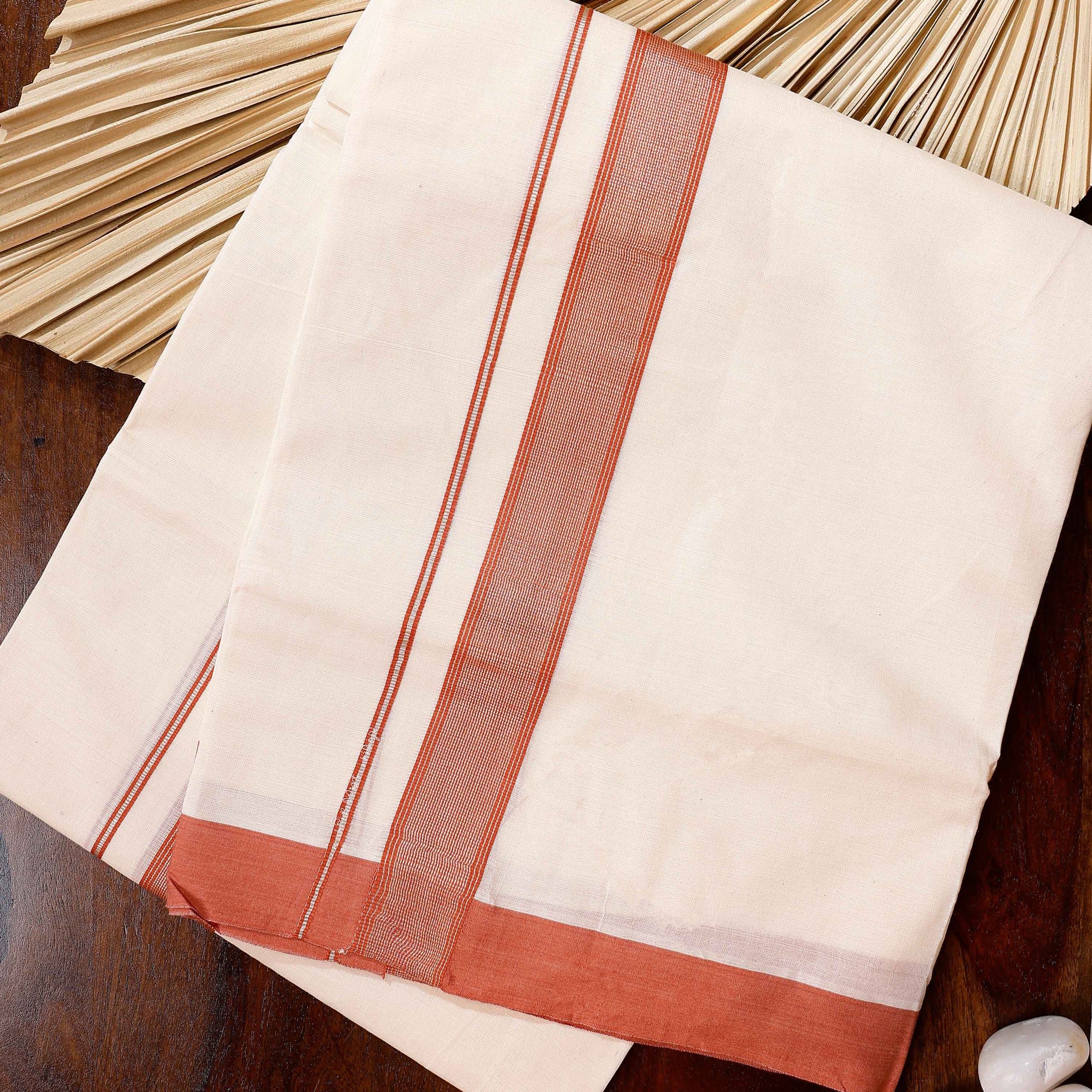 Traditional Handwoven Cotton Dhoti with Light Red Border and Elegant Finish - Off White