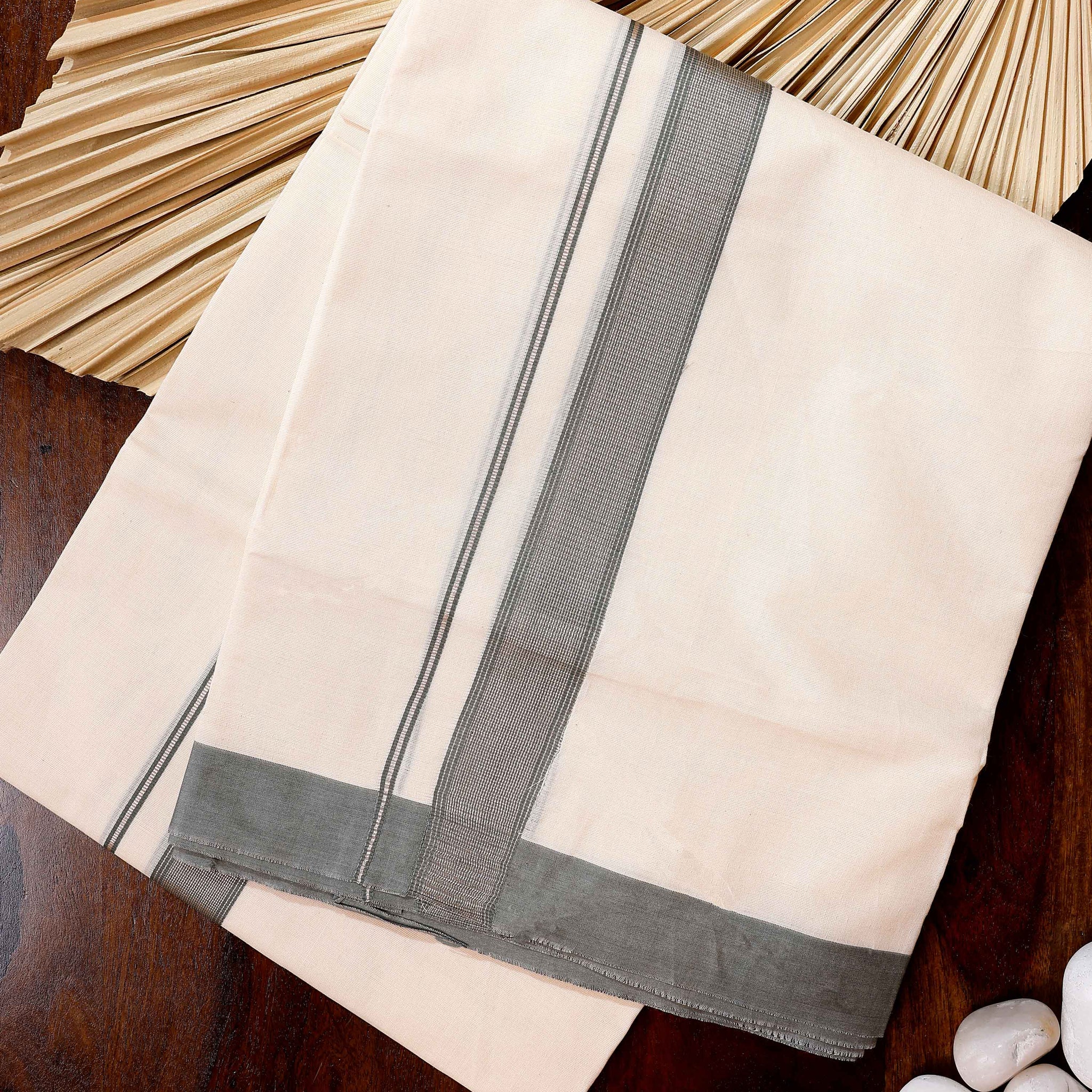 Traditional Handwoven Cotton Dhoti with Dark Grey Border and Elegant Finish - Off White