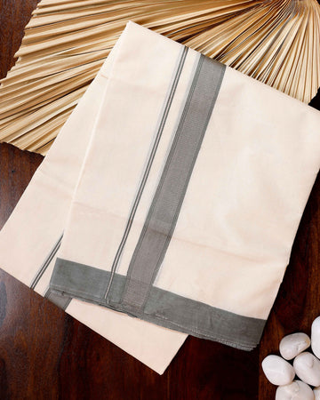 Traditional Handwoven Cotton Dhoti with Dark Grey Border and Elegant Finish - Off White