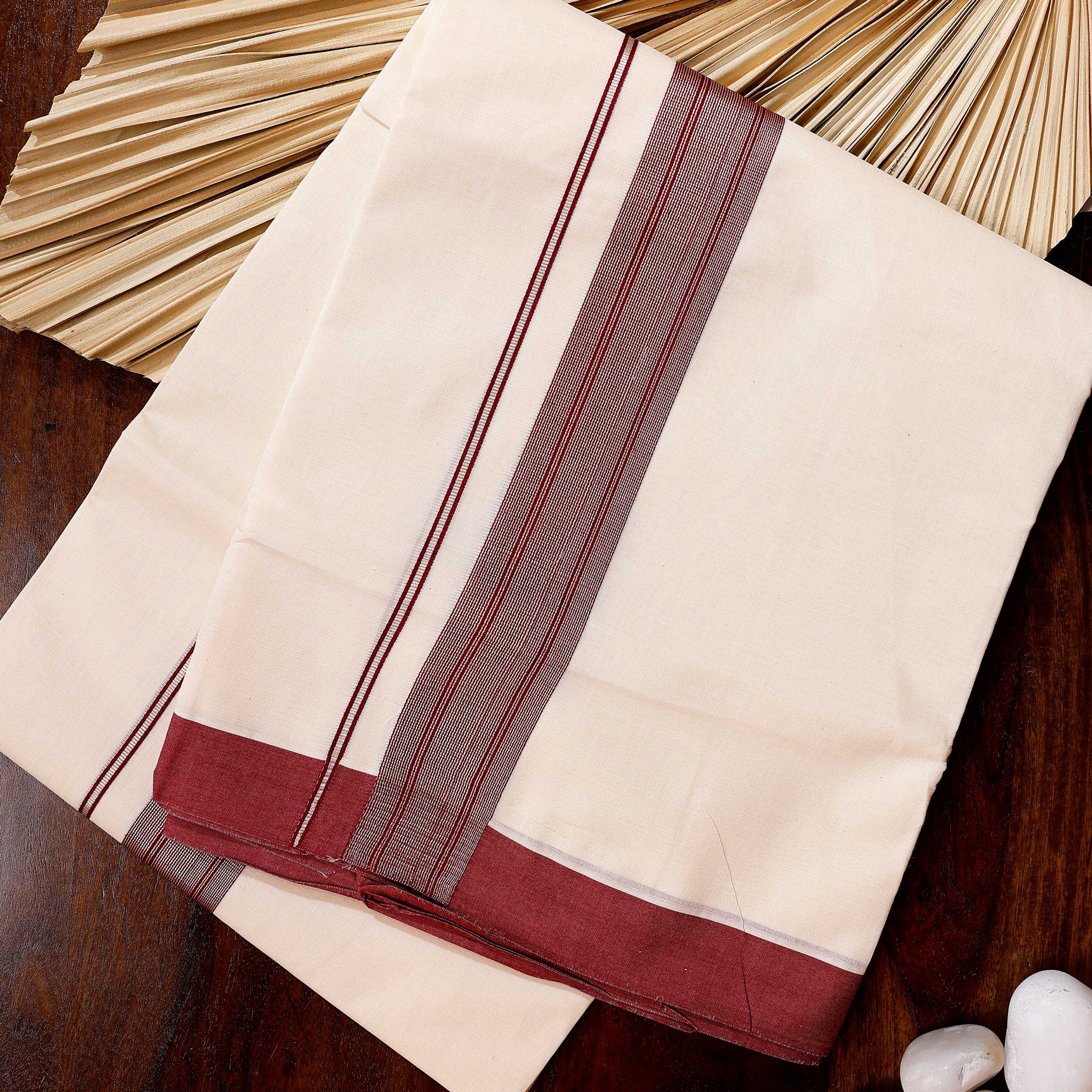 Traditional Handwoven Cotton Dhoti with Maroon Border and Elegant Finish - Off White