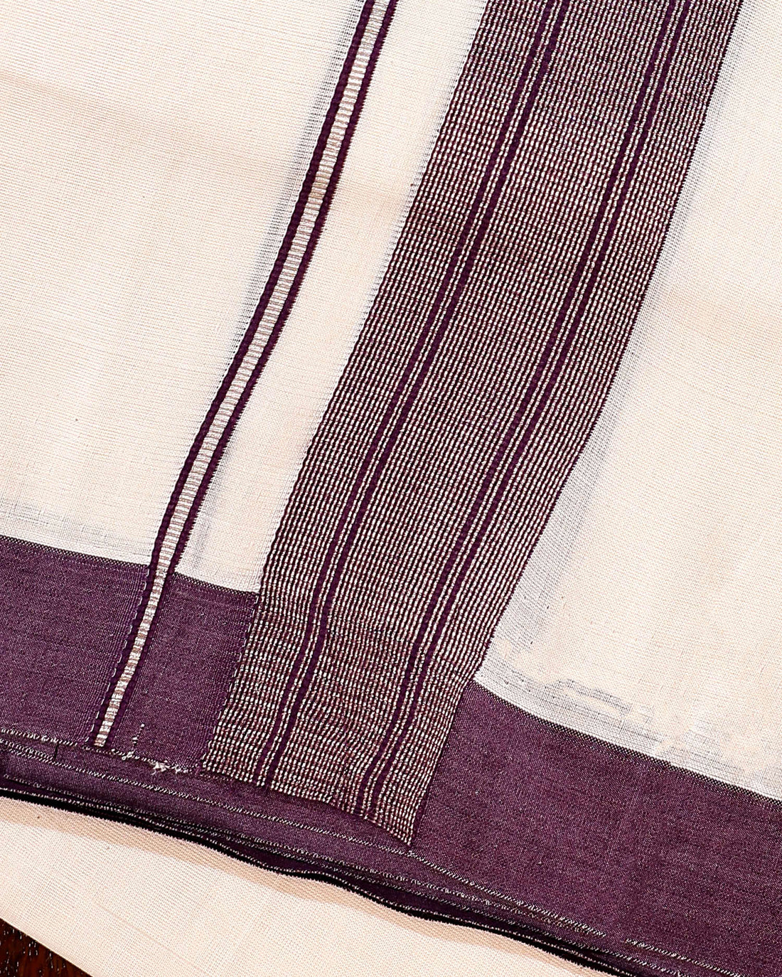 Traditional Handwoven Cotton Dhoti with Purple Border and Elegant Finish - Off White