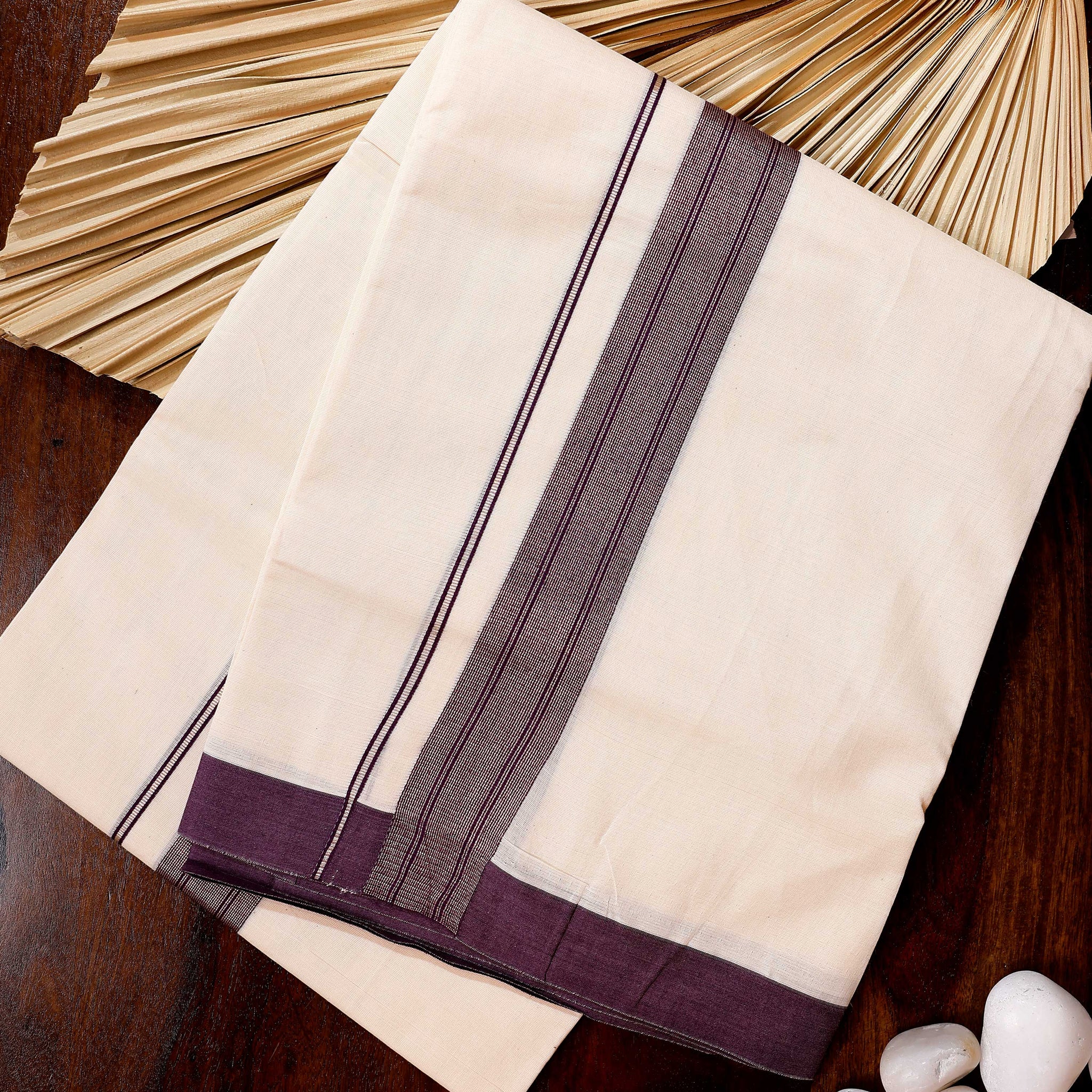 Traditional Handwoven Cotton Dhoti with Purple Border and Elegant Finish - Off White