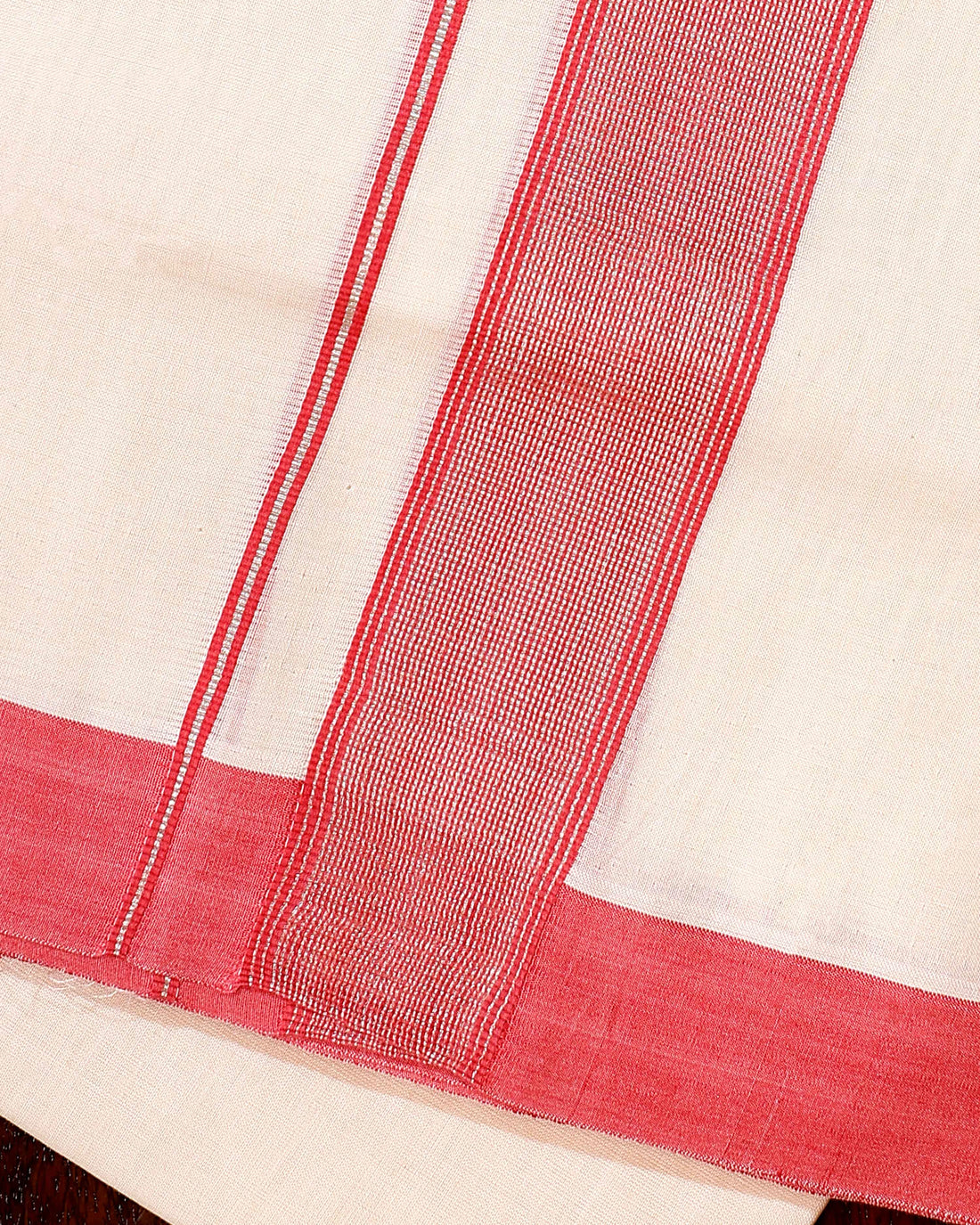 Traditional Handwoven Cotton Dhoti with Red Border and Elegant Finish - Off White