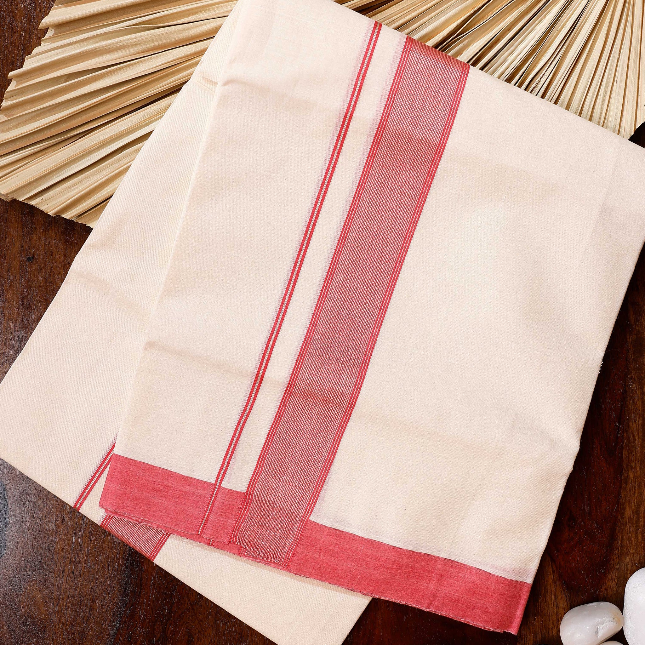 Traditional Handwoven Cotton Dhoti with Red Border and Elegant Finish - Off White