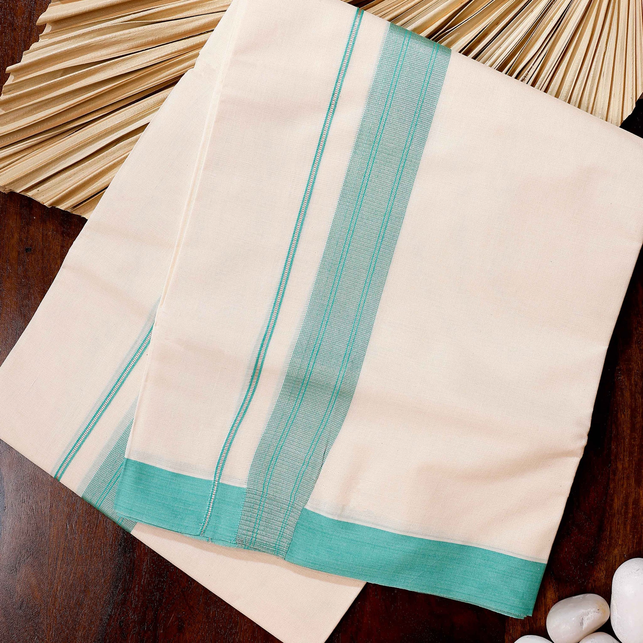 Traditional Handwoven Cotton Dhoti with Sky Blue Border and Elegant Finish - Off White