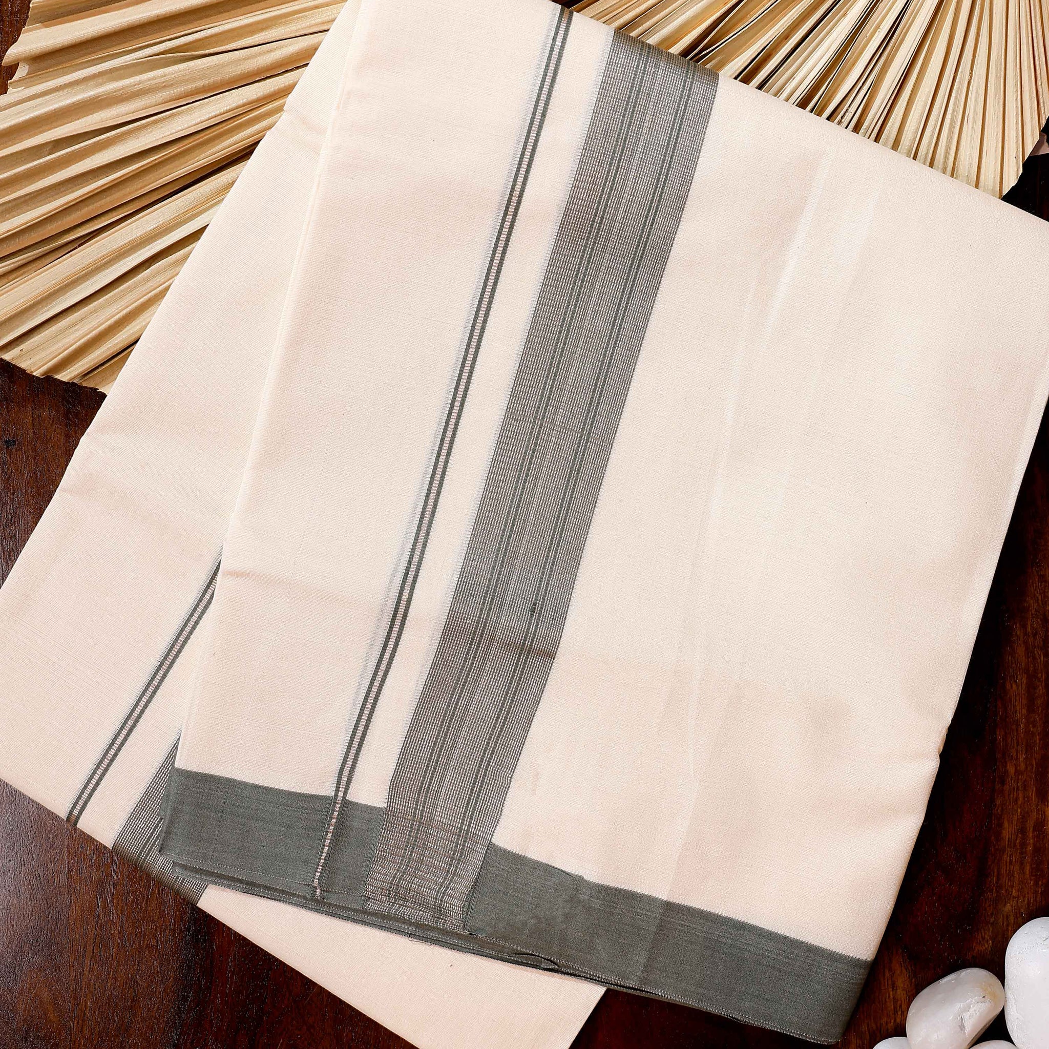 Traditional Handwoven Cotton Dhoti with Grey Border and Elegant Finish - Off White